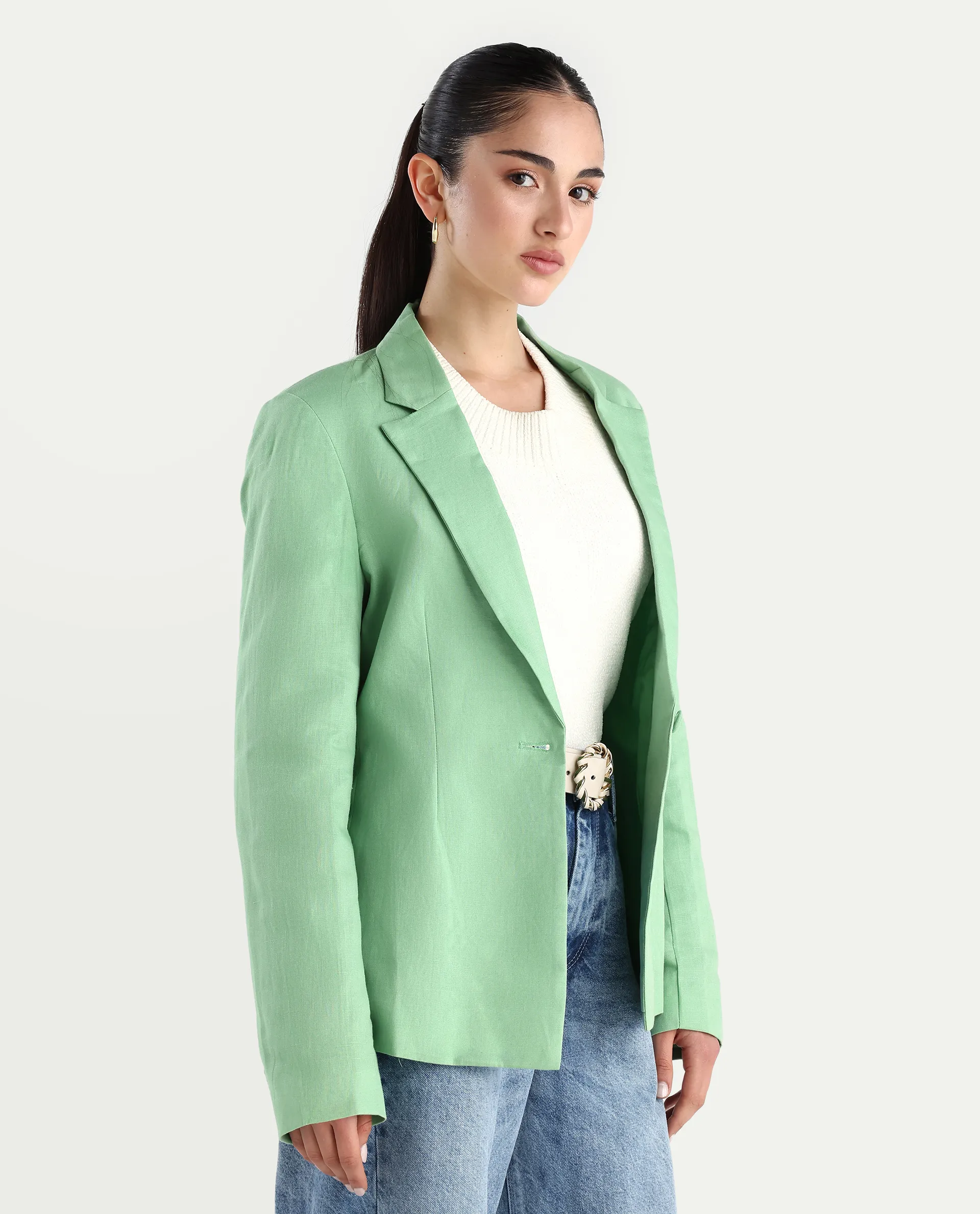 Rareism Women's Savriko Green Linen Lapel Neck Plain Regular Fit Blazer - Image 6