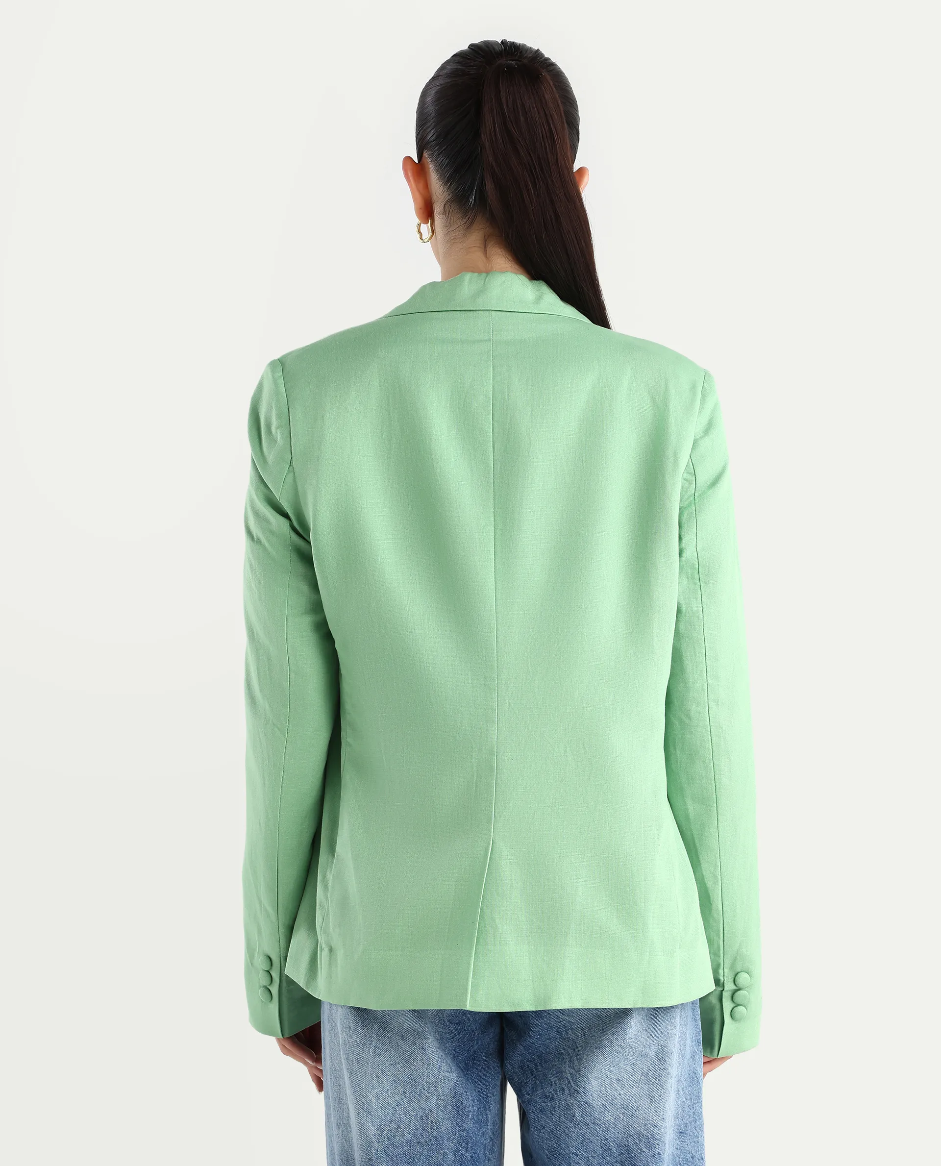 Rareism Women's Savriko Green Linen Lapel Neck Plain Regular Fit Blazer - Image 7