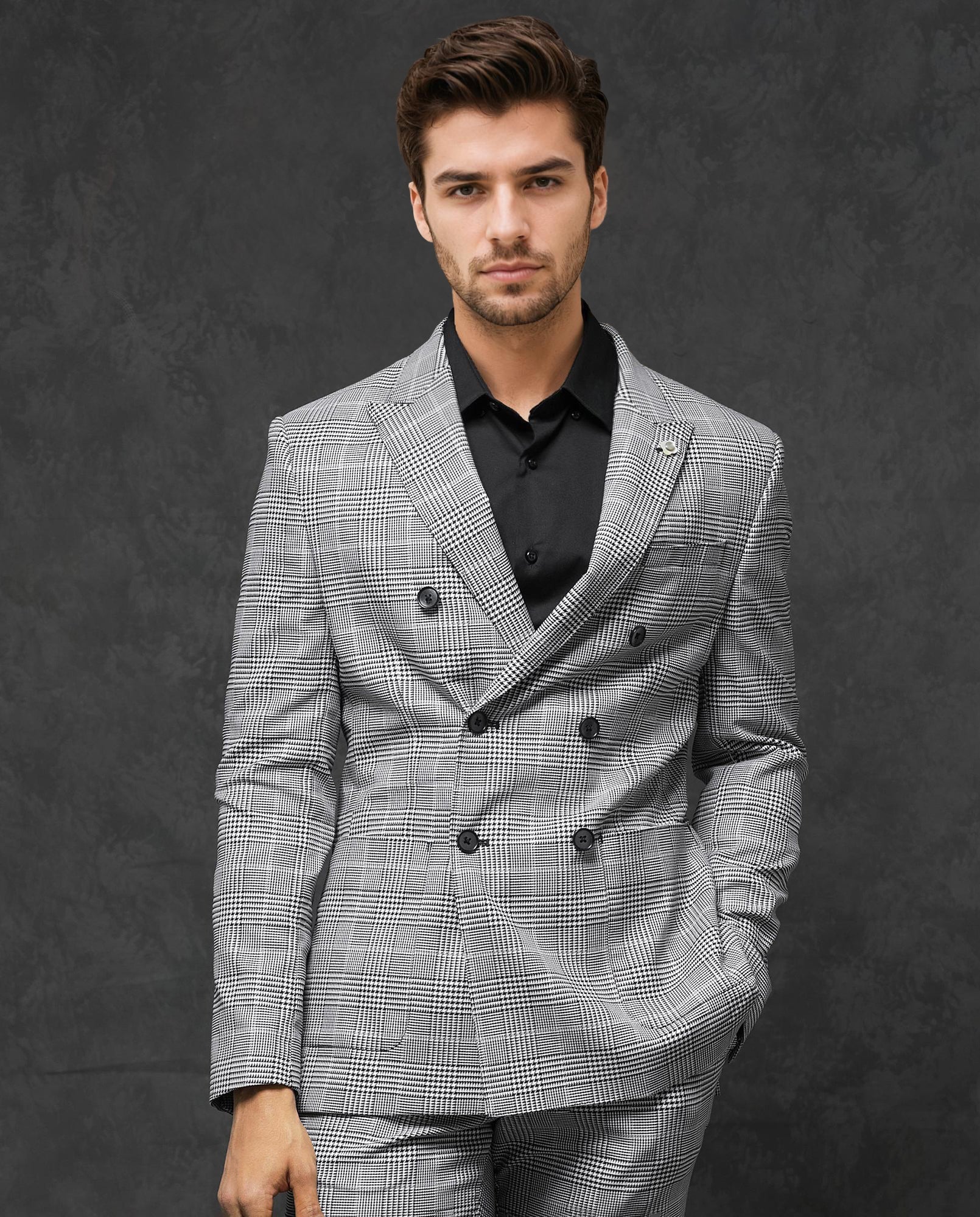 Rare Rabbit Men's Savyy Grey Polyester Checked Print Tailored Fit Full Sleeve Lapel Neck Suits - Image 2
