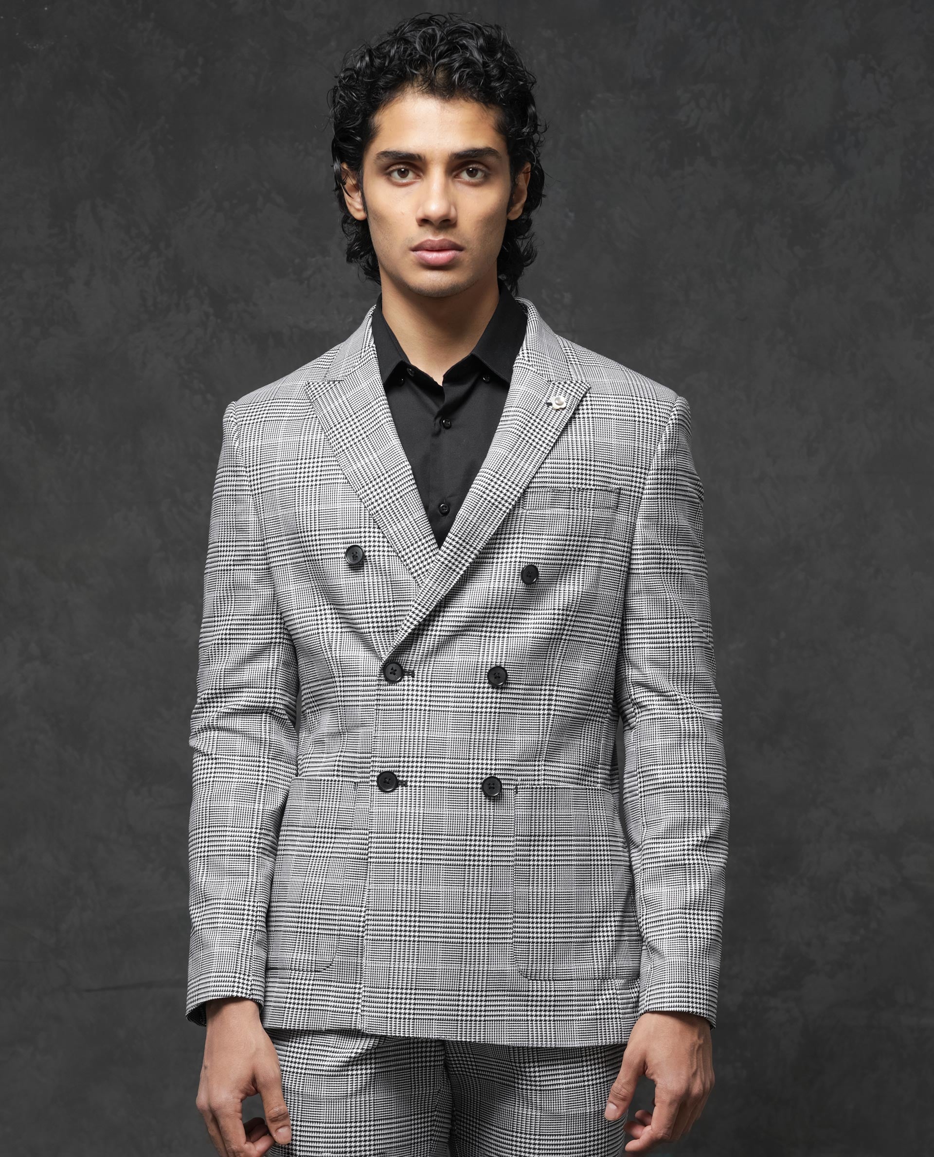 Rare Rabbit Men's Savyy Grey Polyester Checked Print Tailored Fit Full Sleeve Lapel Neck Suits - Image 3