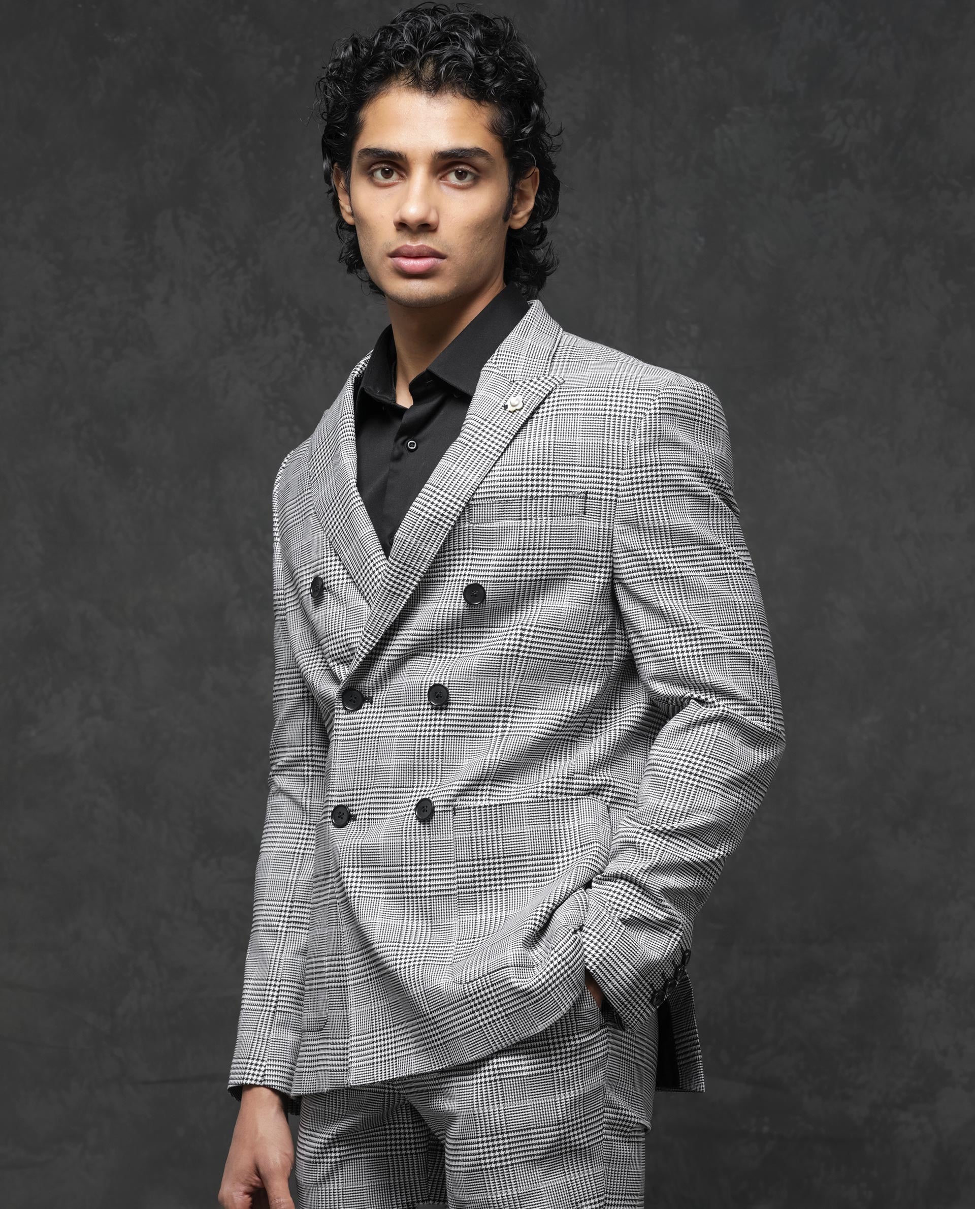 Rare Rabbit Men's Savyy Grey Polyester Checked Print Tailored Fit Full Sleeve Lapel Neck Suits - Image 4