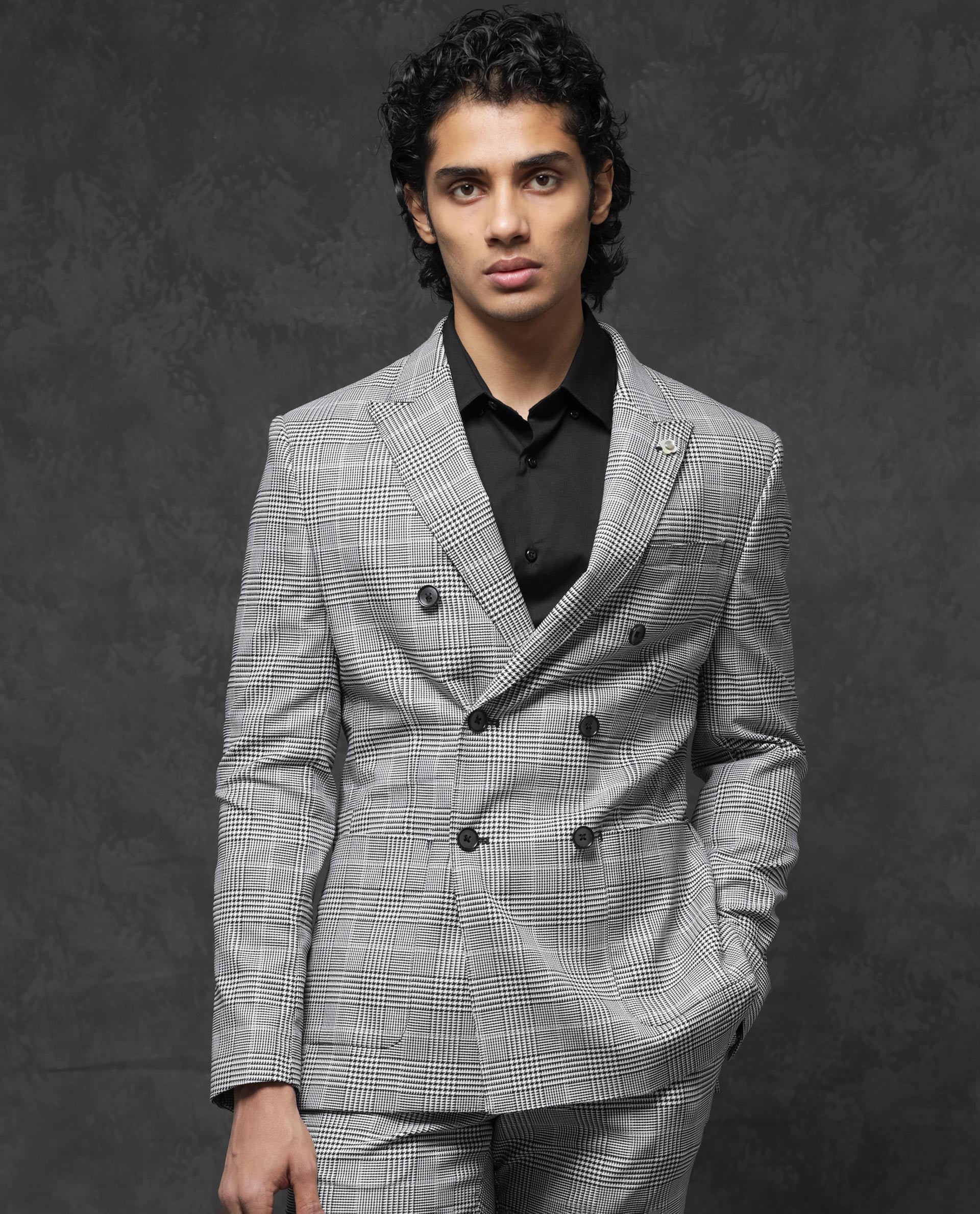 Rare Rabbit Men's Savyy Grey Polyester Checked Print Tailored Fit Full Sleeve Lapel Neck Suits - Image 5