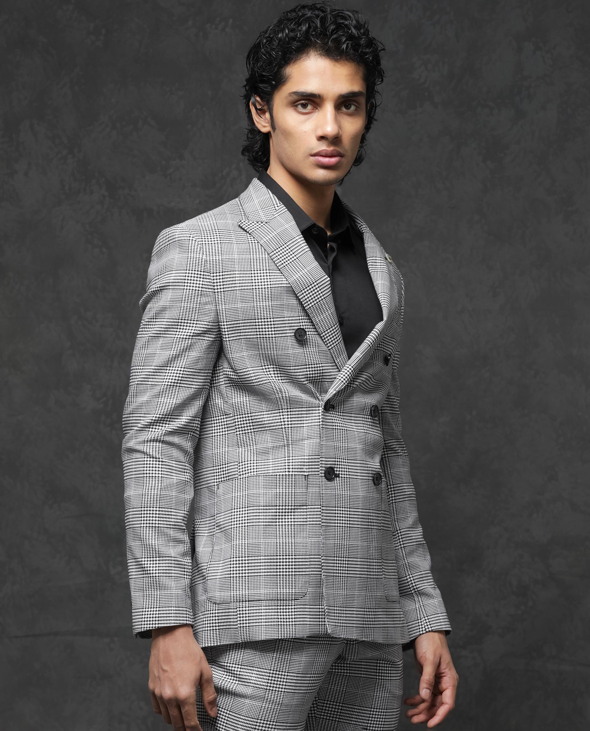 Rare Rabbit Men's Savyy Grey Polyester Checked Print Tailored Fit Full Sleeve Lapel Neck Suits - Image 8