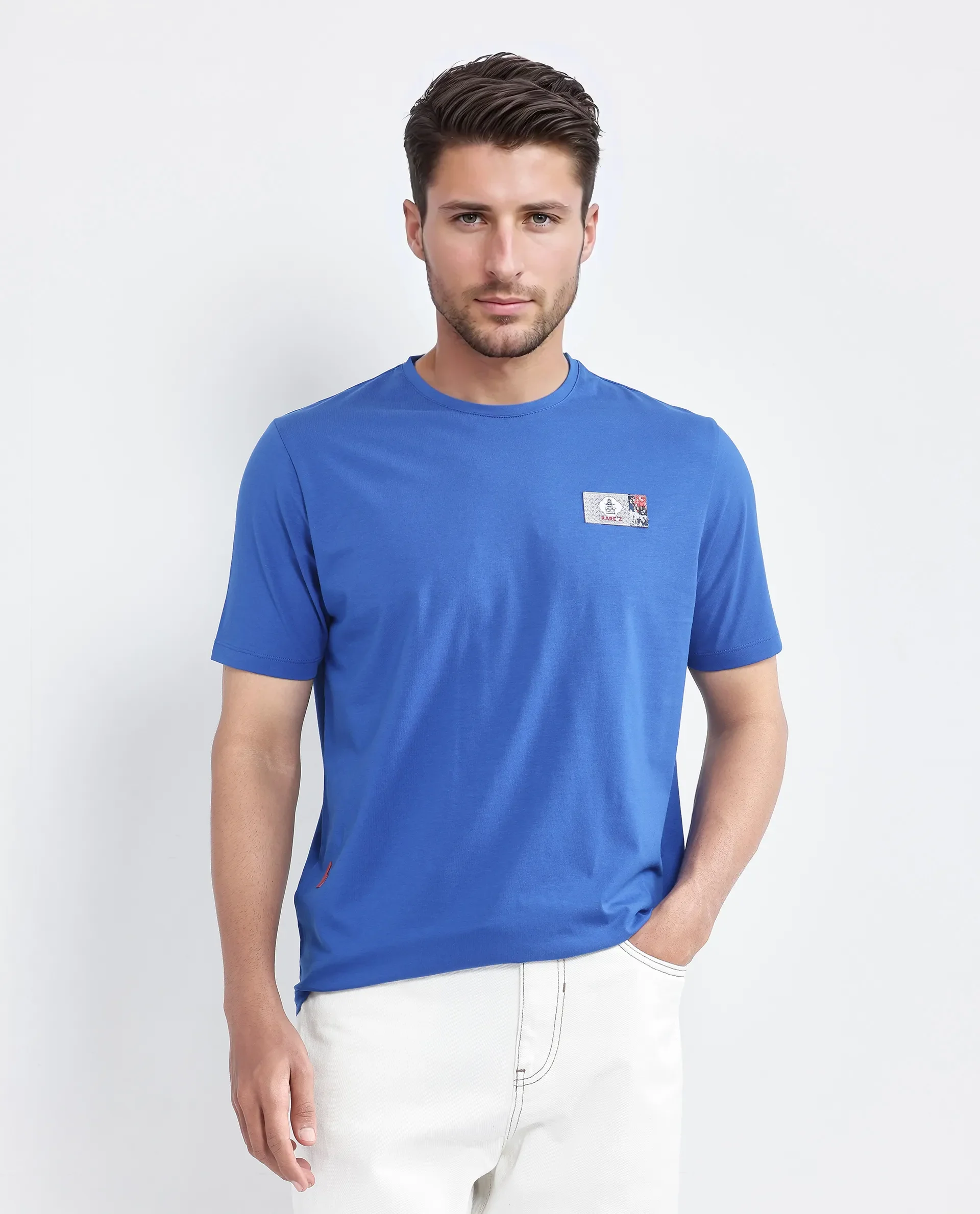 Rare Rabbit Men's Saw Pastel Blue Cotton Blend Label Print Regular Fit Half Sleeve Crew Neck T-Shirt - Image 3