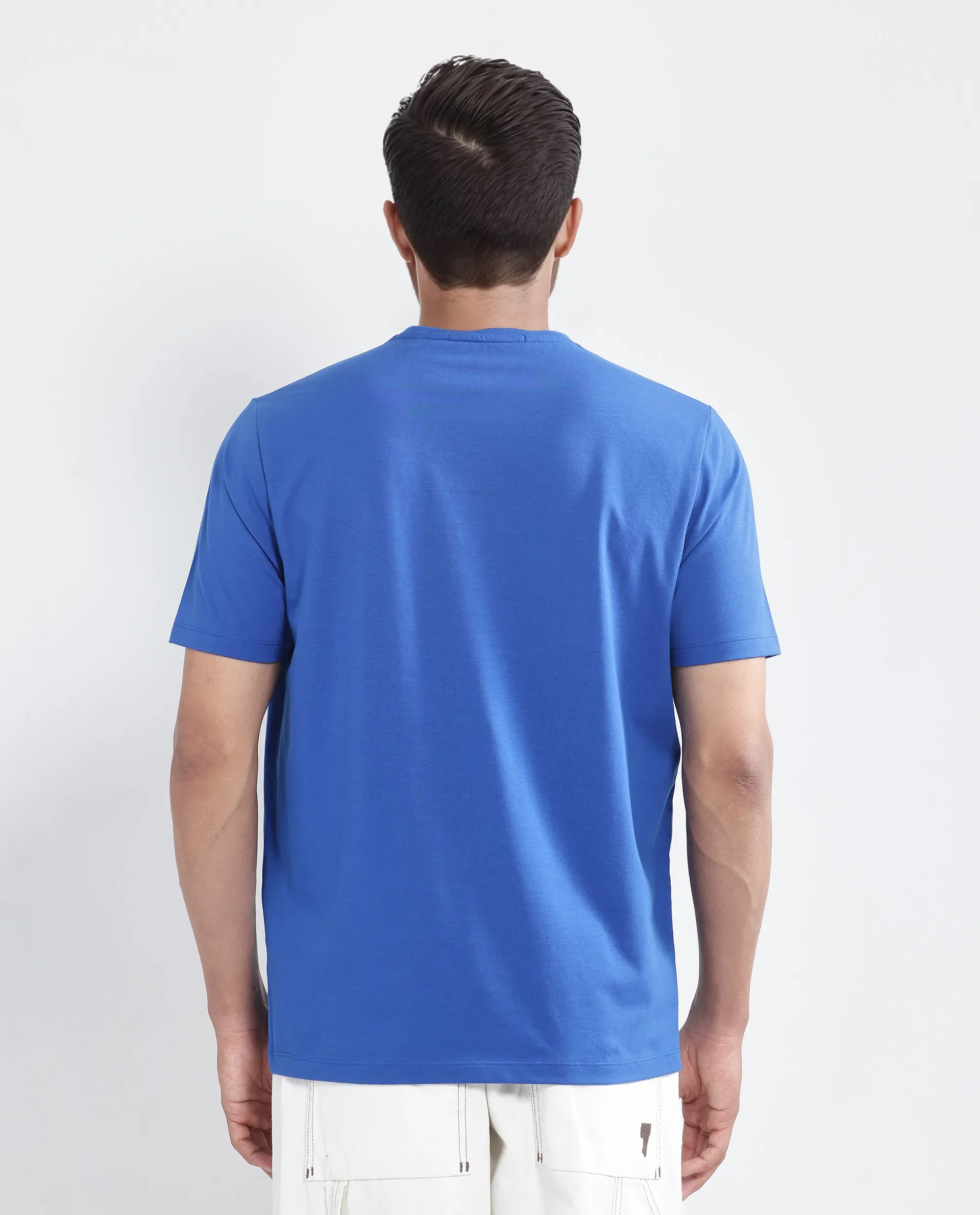 Rare Rabbit Men's Saw Pastel Blue Cotton Blend Label Print Regular Fit Half Sleeve Crew Neck T-Shirt - Image 4