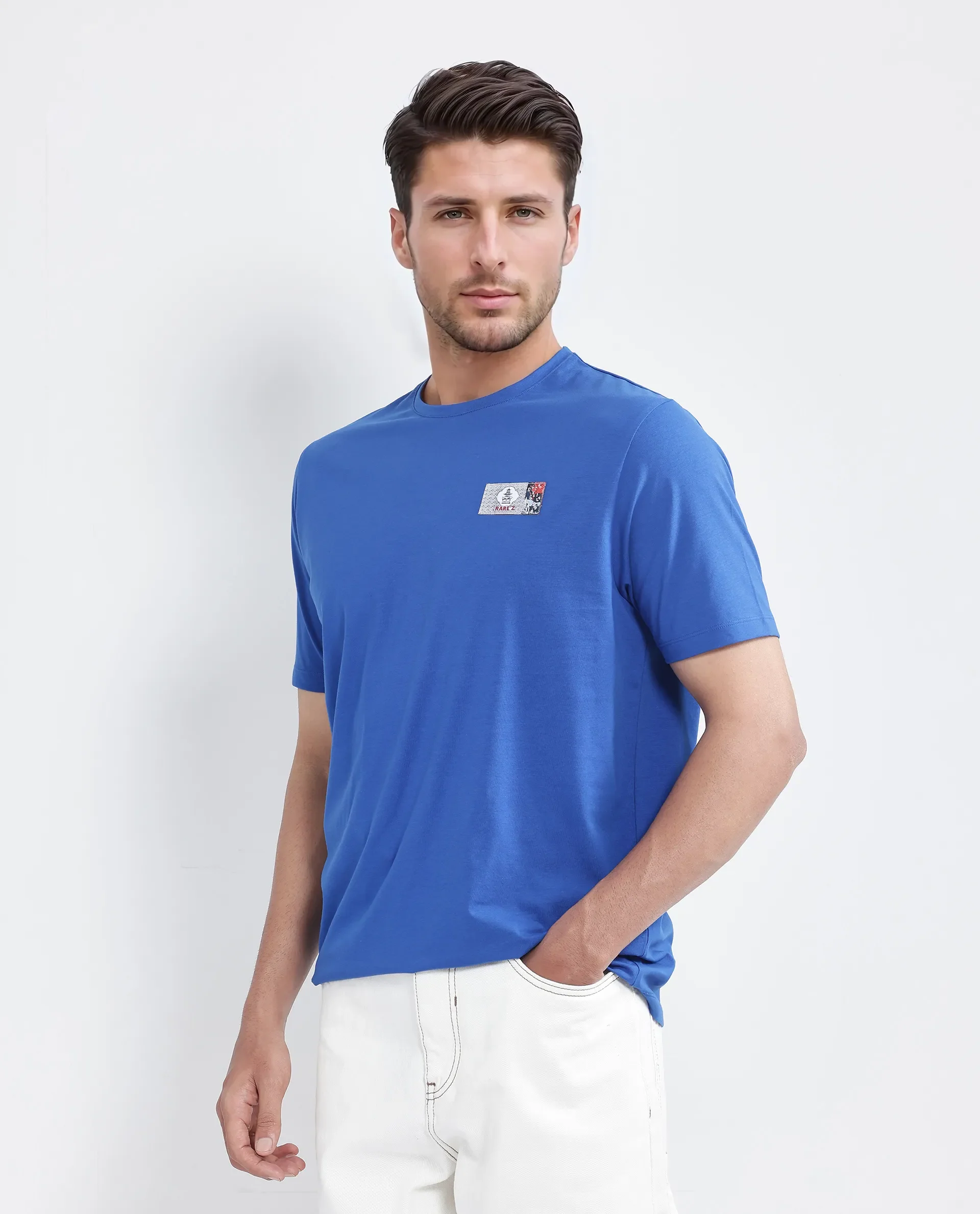 Rare Rabbit Men's Saw Pastel Blue Cotton Blend Label Print Regular Fit Half Sleeve Crew Neck T-Shirt - Image 5