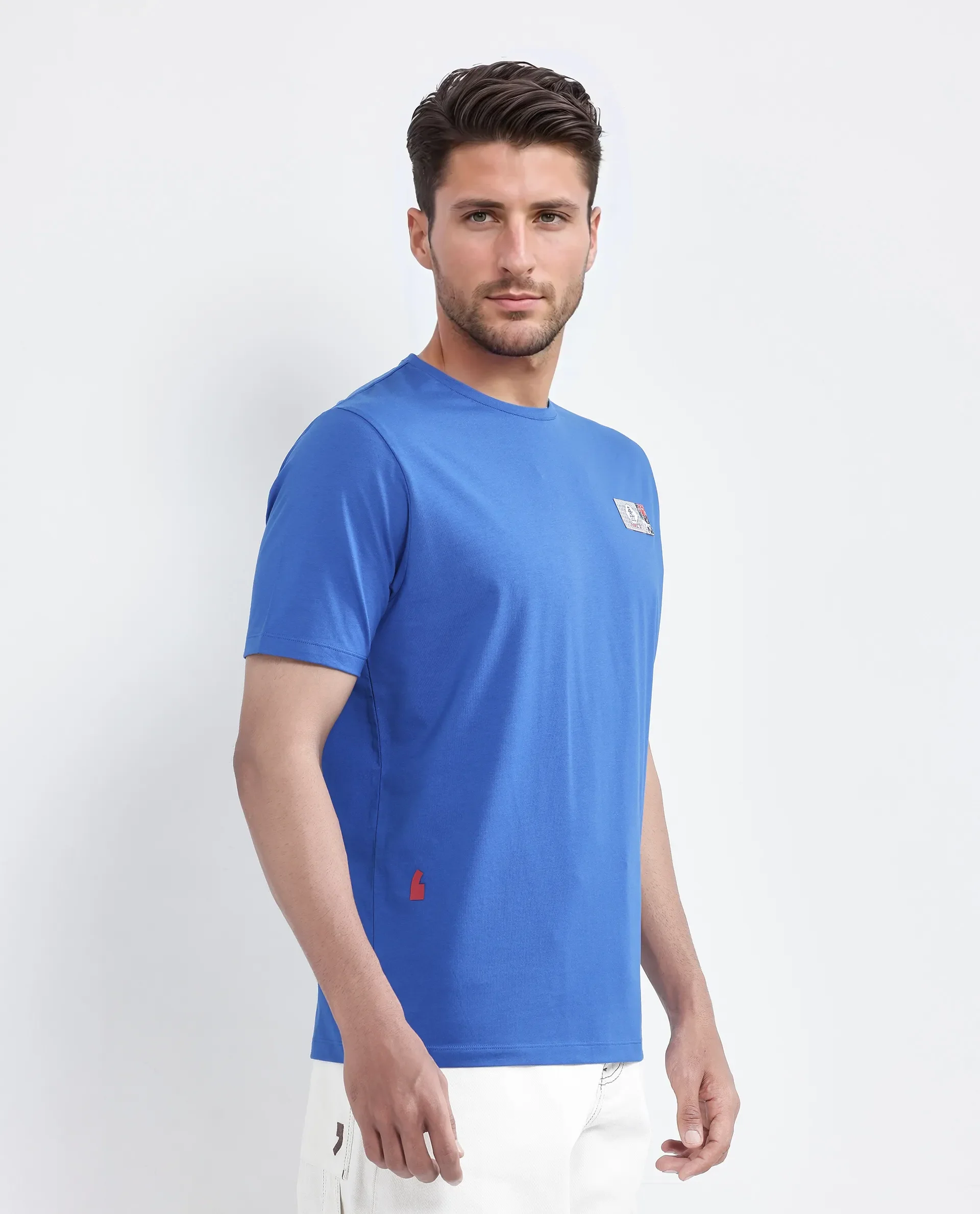 Rare Rabbit Men's Saw Pastel Blue Cotton Blend Label Print Regular Fit Half Sleeve Crew Neck T-Shirt - Image 6