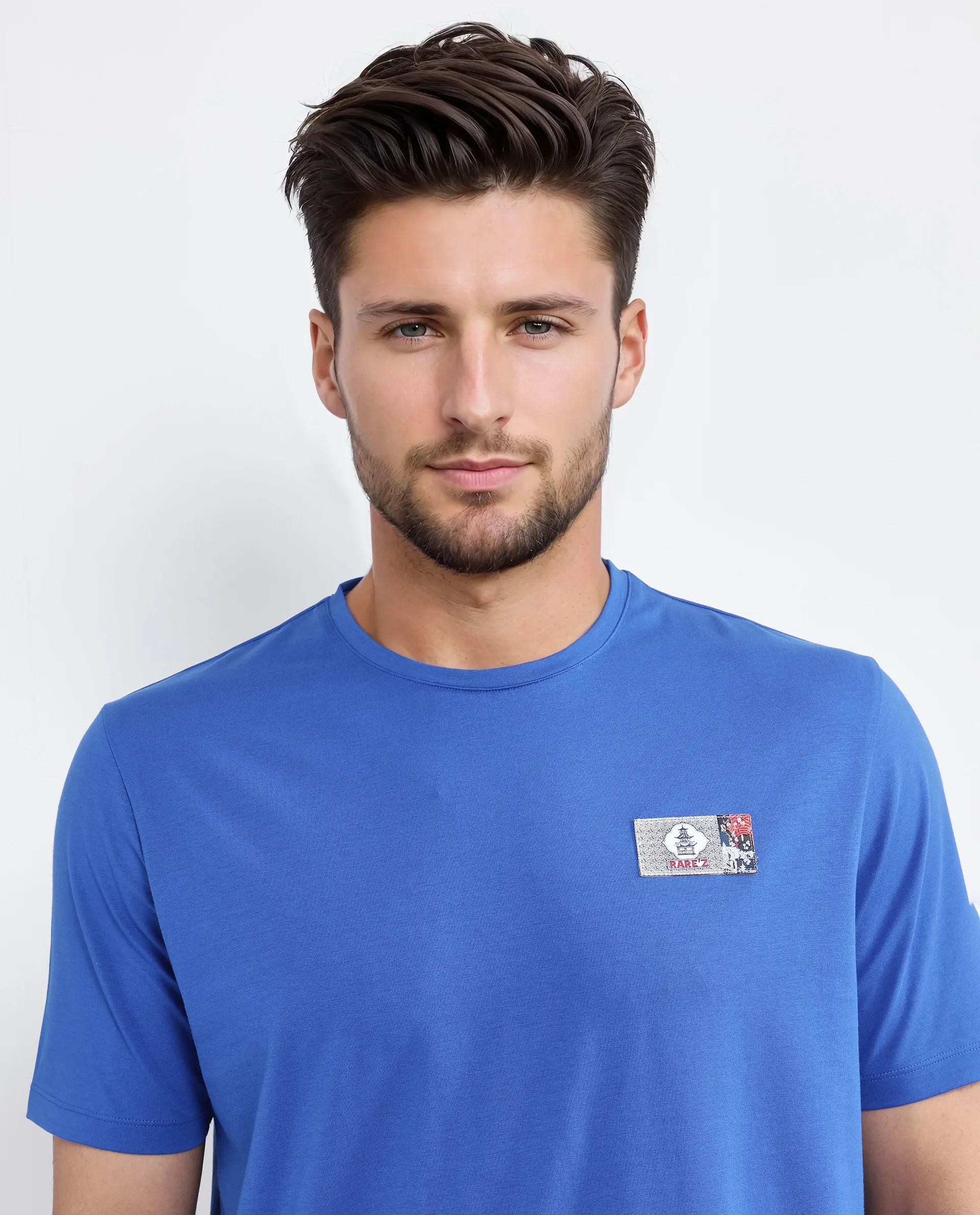 Rare Rabbit Men's Saw Pastel Blue Cotton Blend Label Print Regular Fit Half Sleeve Crew Neck T-Shirt - Image 7