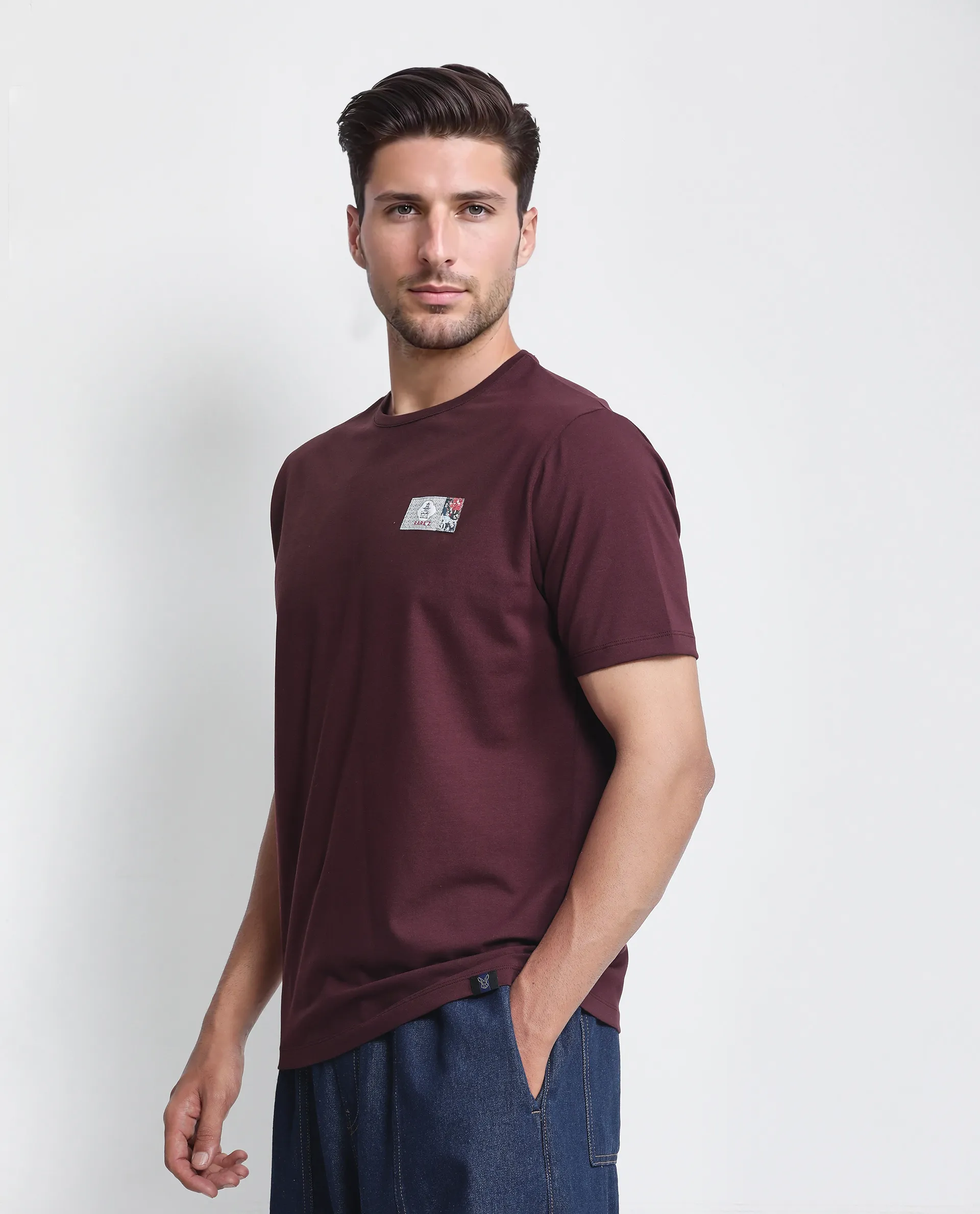 Rare Rabbit Men's Saw Pastel Maroon Cotton Blend Label Print Regular Fit Half Sleeve Crew Neck T-Shirt - Image 3
