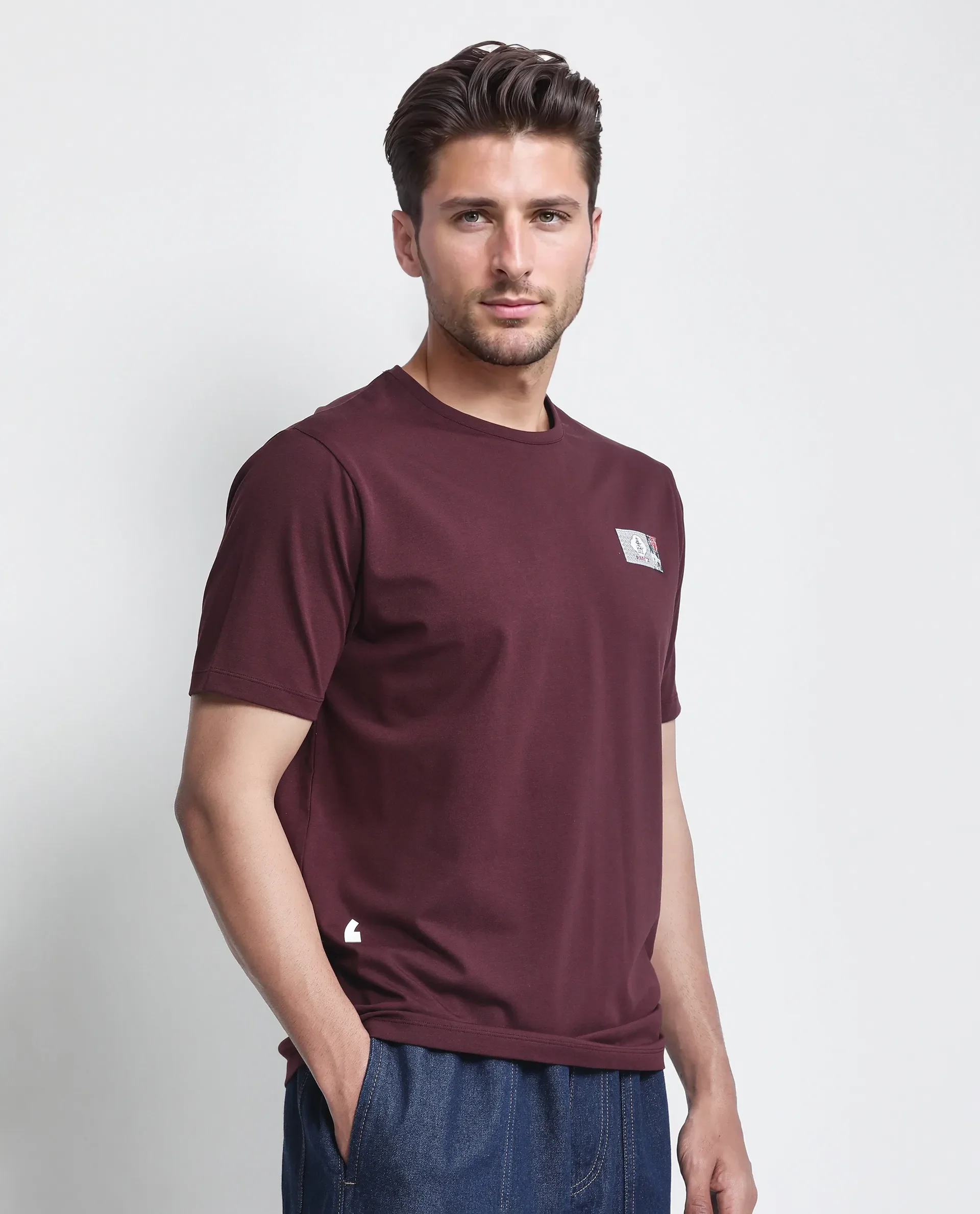 Rare Rabbit Men's Saw Pastel Maroon Cotton Blend Label Print Regular Fit Half Sleeve Crew Neck T-Shirt - Image 6