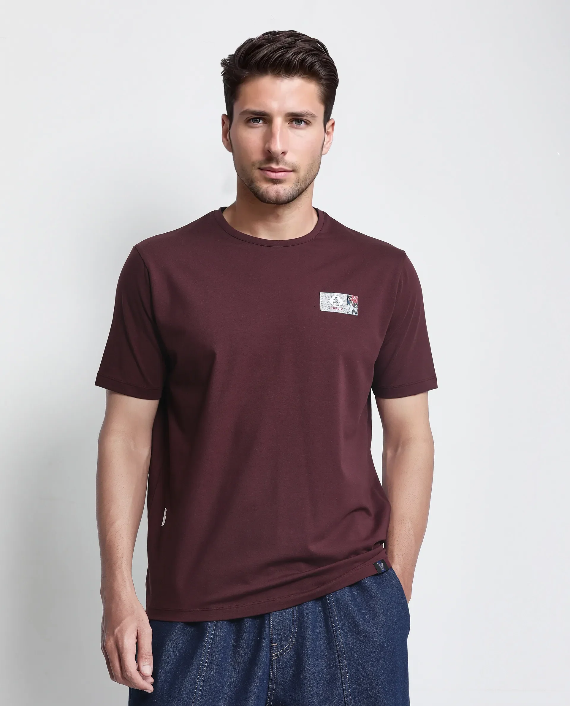 Rare Rabbit Men's Saw Pastel Maroon Cotton Blend Label Print Regular Fit Half Sleeve Crew Neck T-Shirt - Image 8