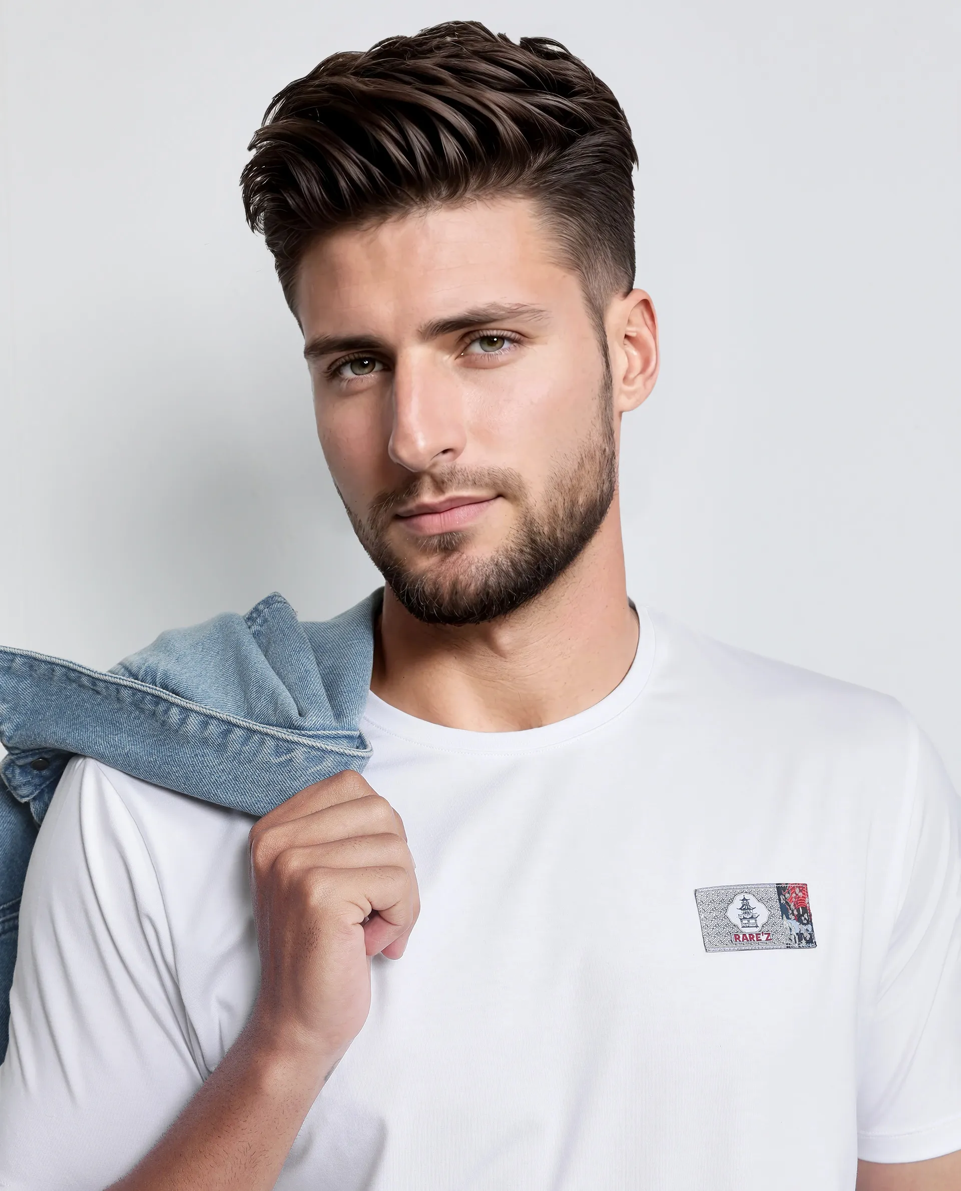 Rare Rabbit Men's Saw White Cotton Blend Label Print Regular Fit Half Sleeve Crew Neck T-Shirt - Image 2