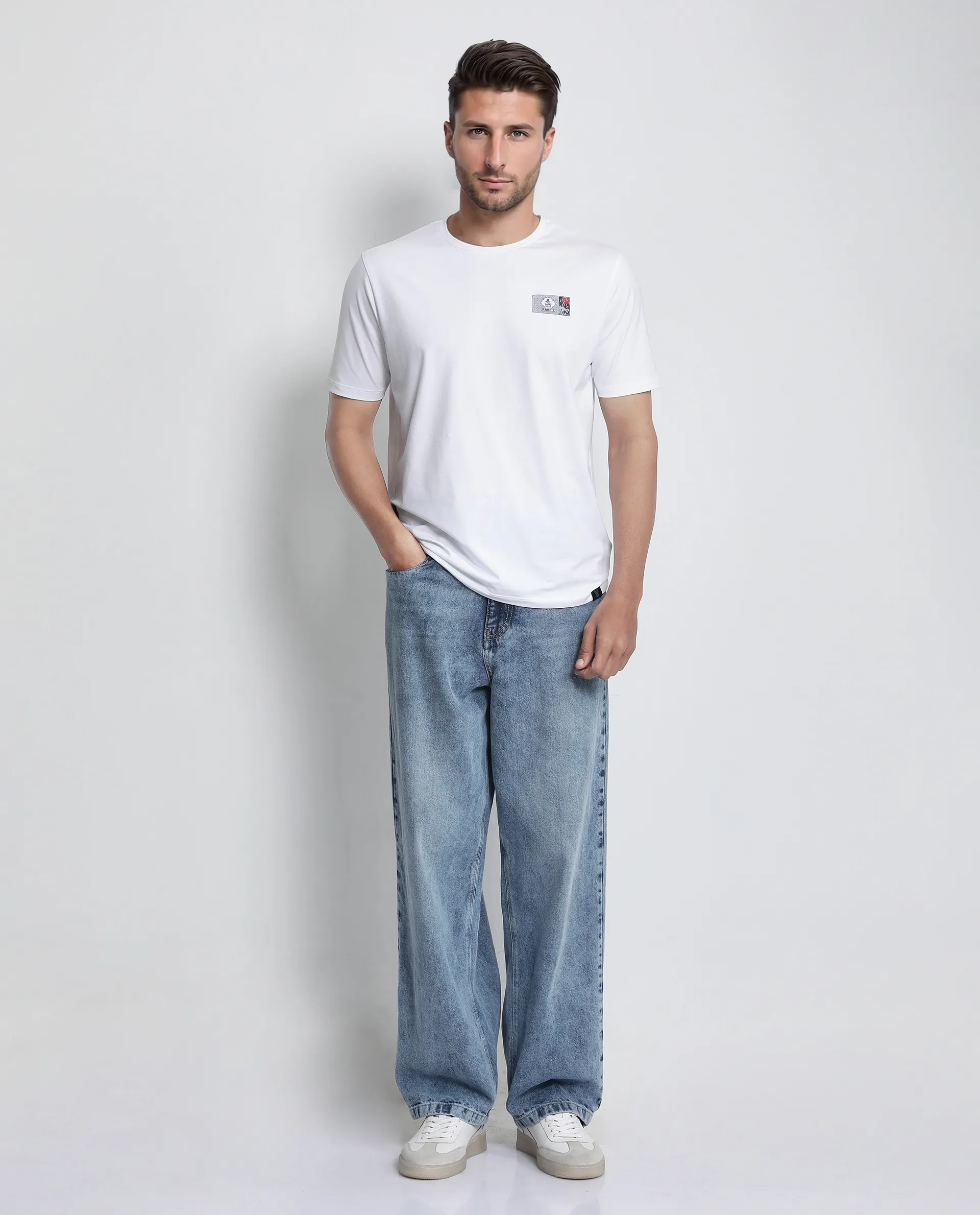 Rare Rabbit Men's Saw White Cotton Blend Label Print Regular Fit Half Sleeve Crew Neck T-Shirt - Image 3