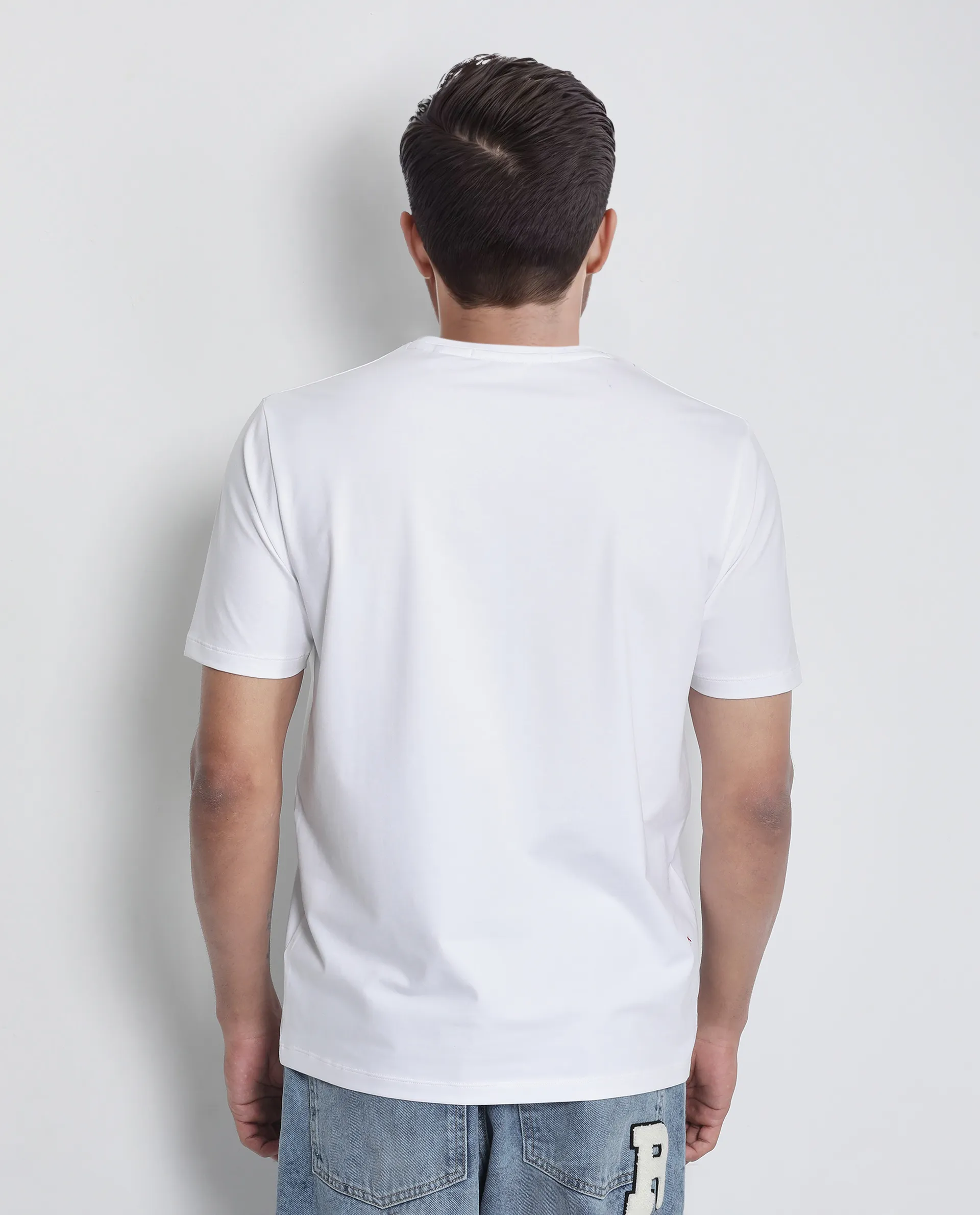 Rare Rabbit Men's Saw White Cotton Blend Label Print Regular Fit Half Sleeve Crew Neck T-Shirt - Image 5