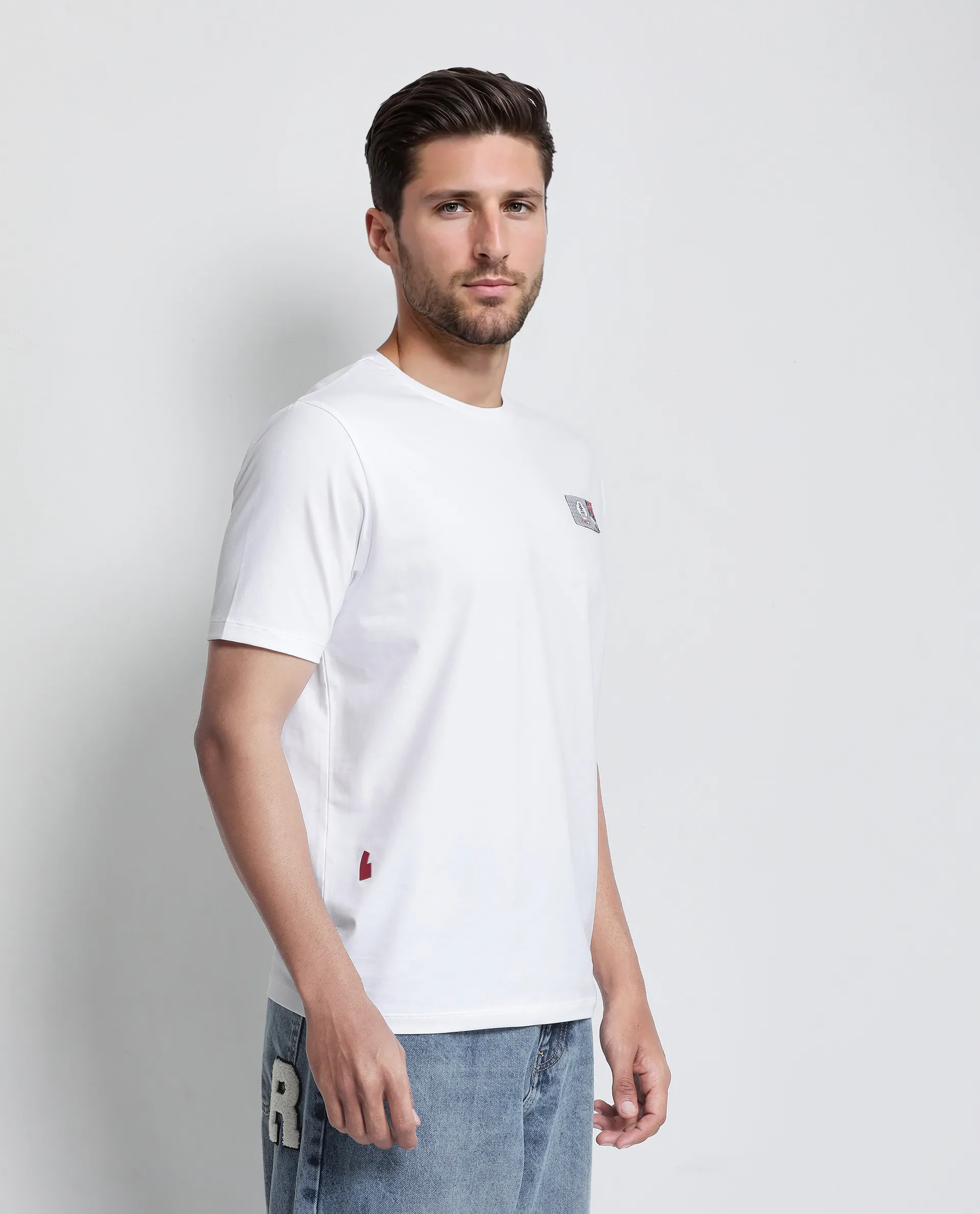 Rare Rabbit Men's Saw White Cotton Blend Label Print Regular Fit Half Sleeve Crew Neck T-Shirt - Image 6
