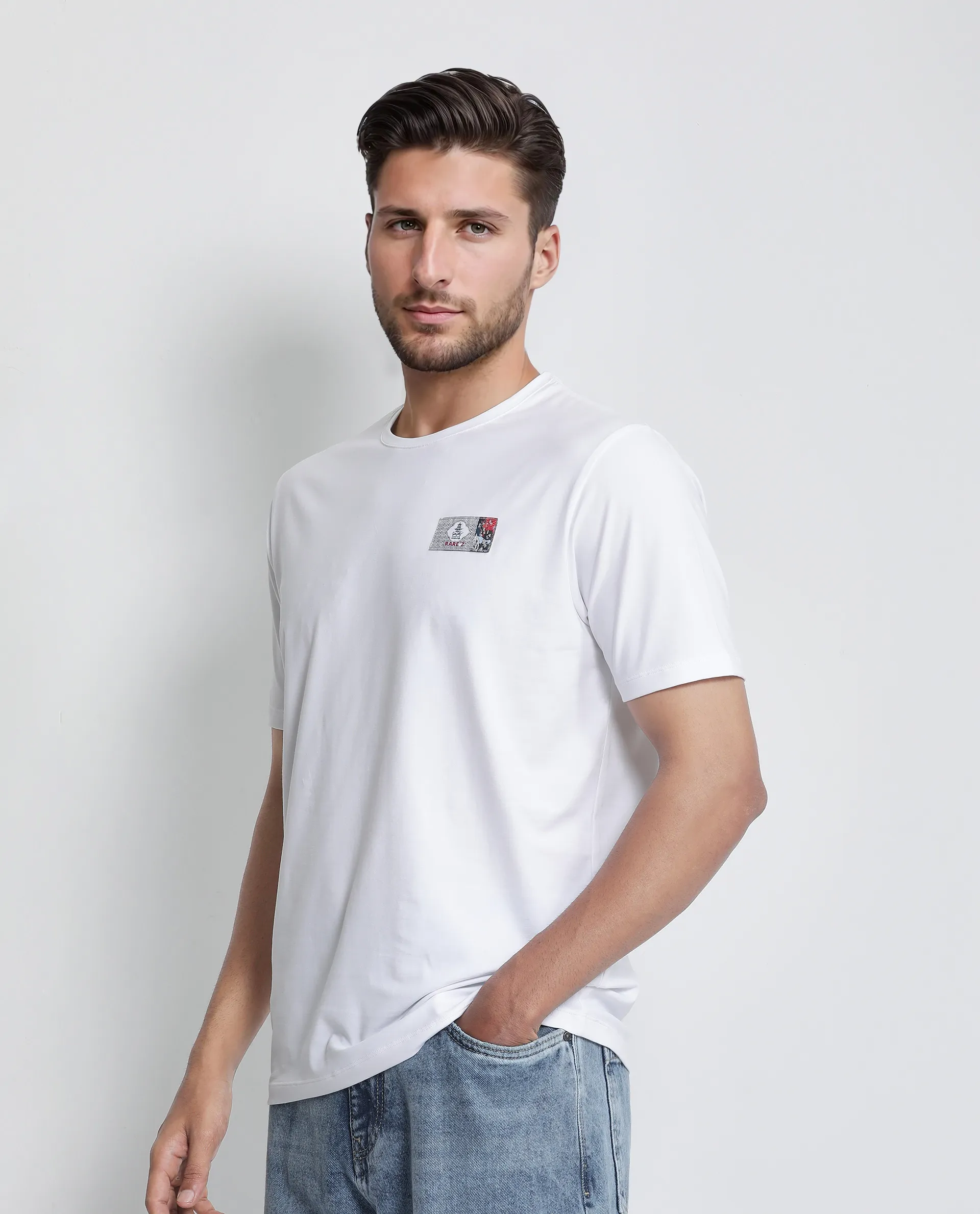 Rare Rabbit Men's Saw White Cotton Blend Label Print Regular Fit Half Sleeve Crew Neck T-Shirt - Image 8