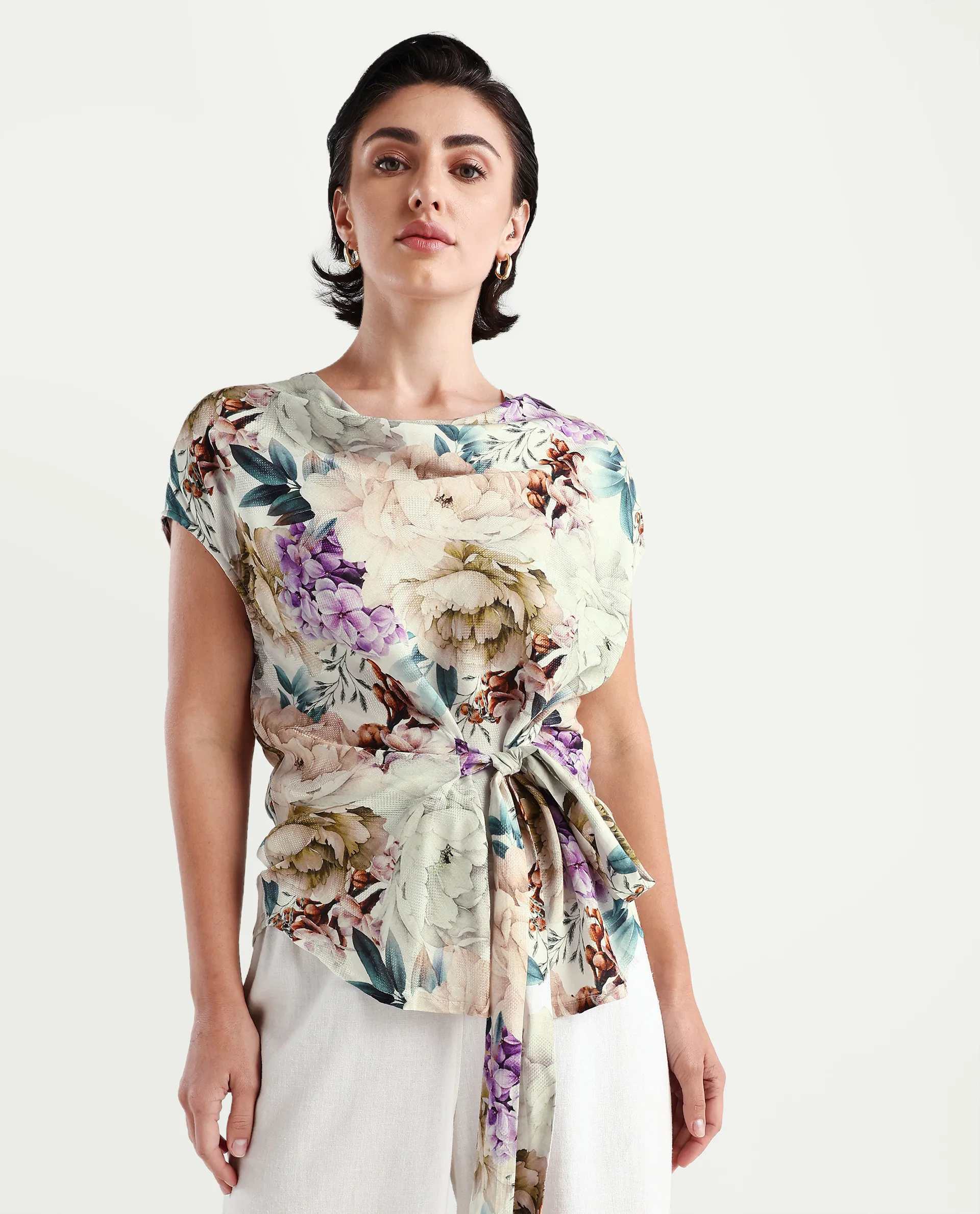 Rareism Women's Sawyer Multi Cotton Cowl Neck Floral Print Extended Sleeves Slim Fit Top - Image 3