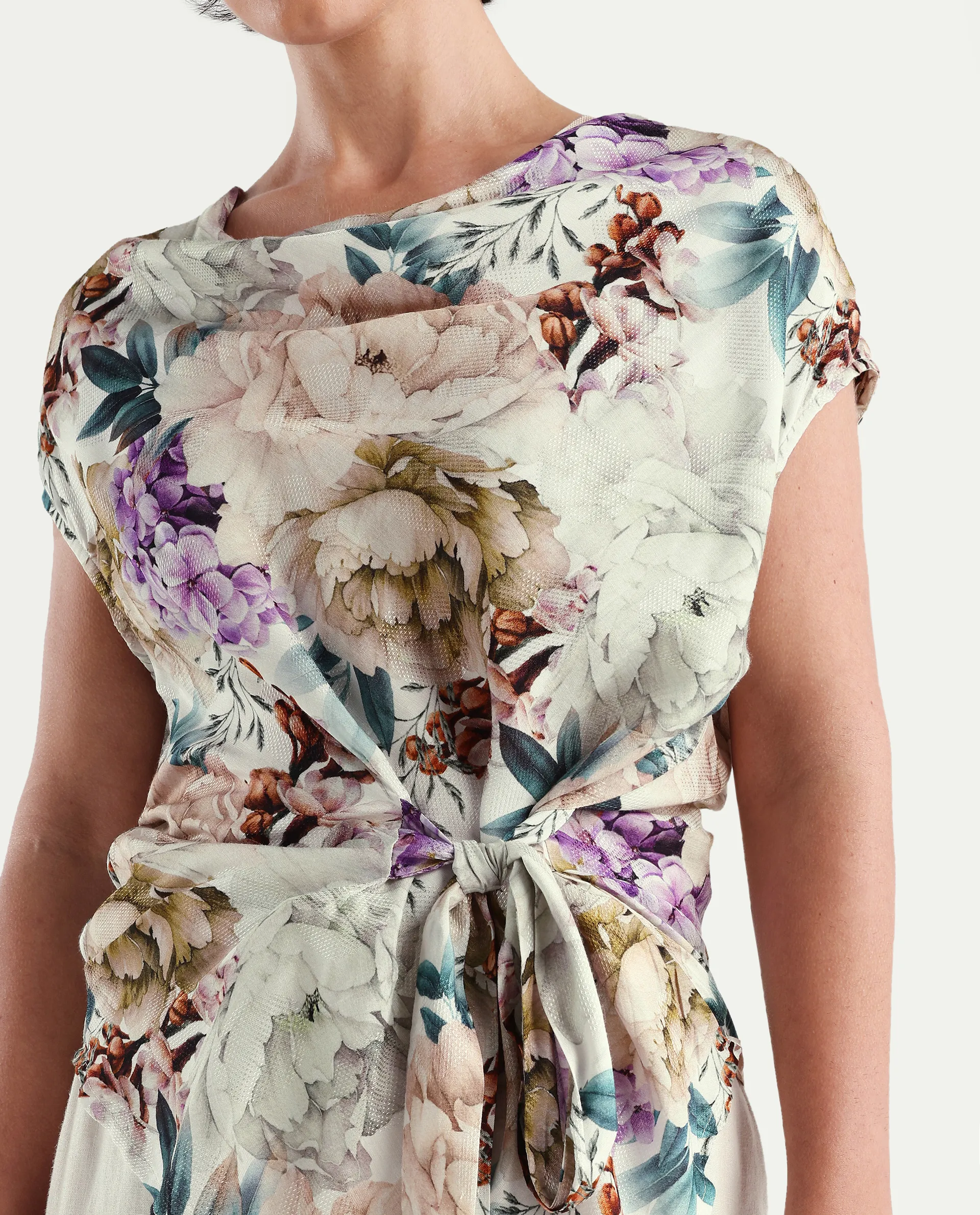 Rareism Women's Sawyer Multi Cotton Cowl Neck Floral Print Extended Sleeves Slim Fit Top - Image 4