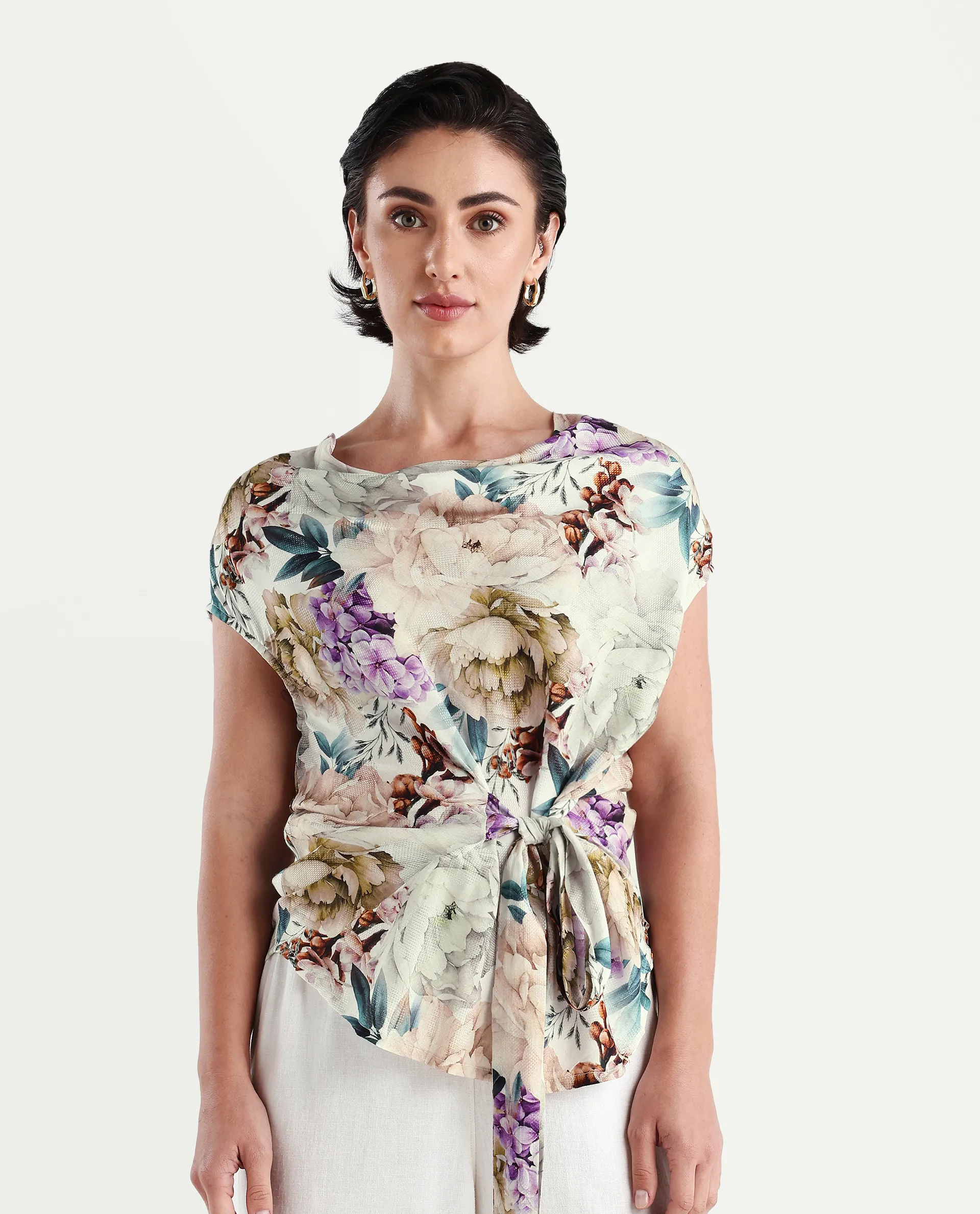 Rareism Women's Sawyer Multi Cotton Cowl Neck Floral Print Extended Sleeves Slim Fit Top - Image 5