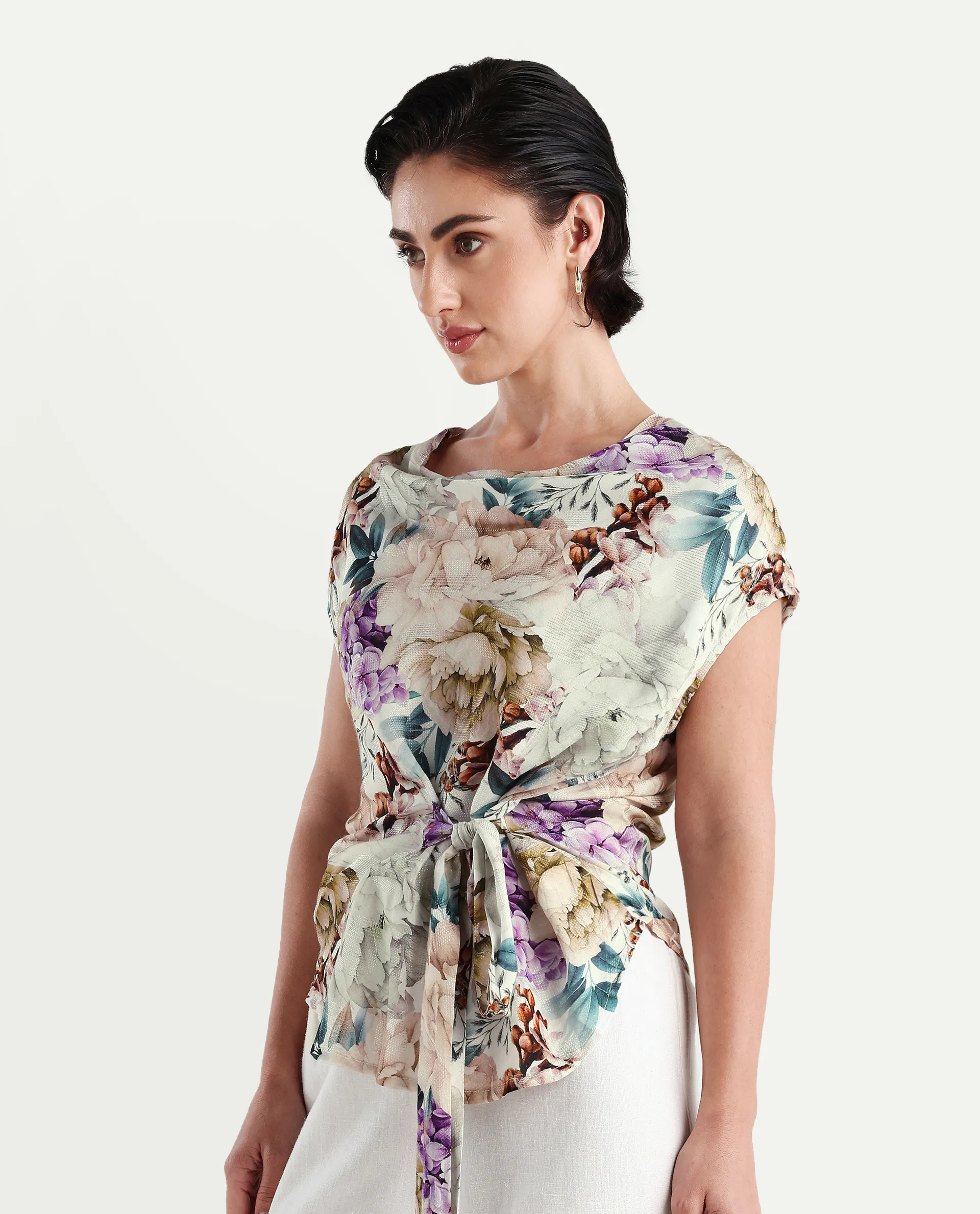 Rareism Women's Sawyer Multi Cotton Cowl Neck Floral Print Extended Sleeves Slim Fit Top - Image 6