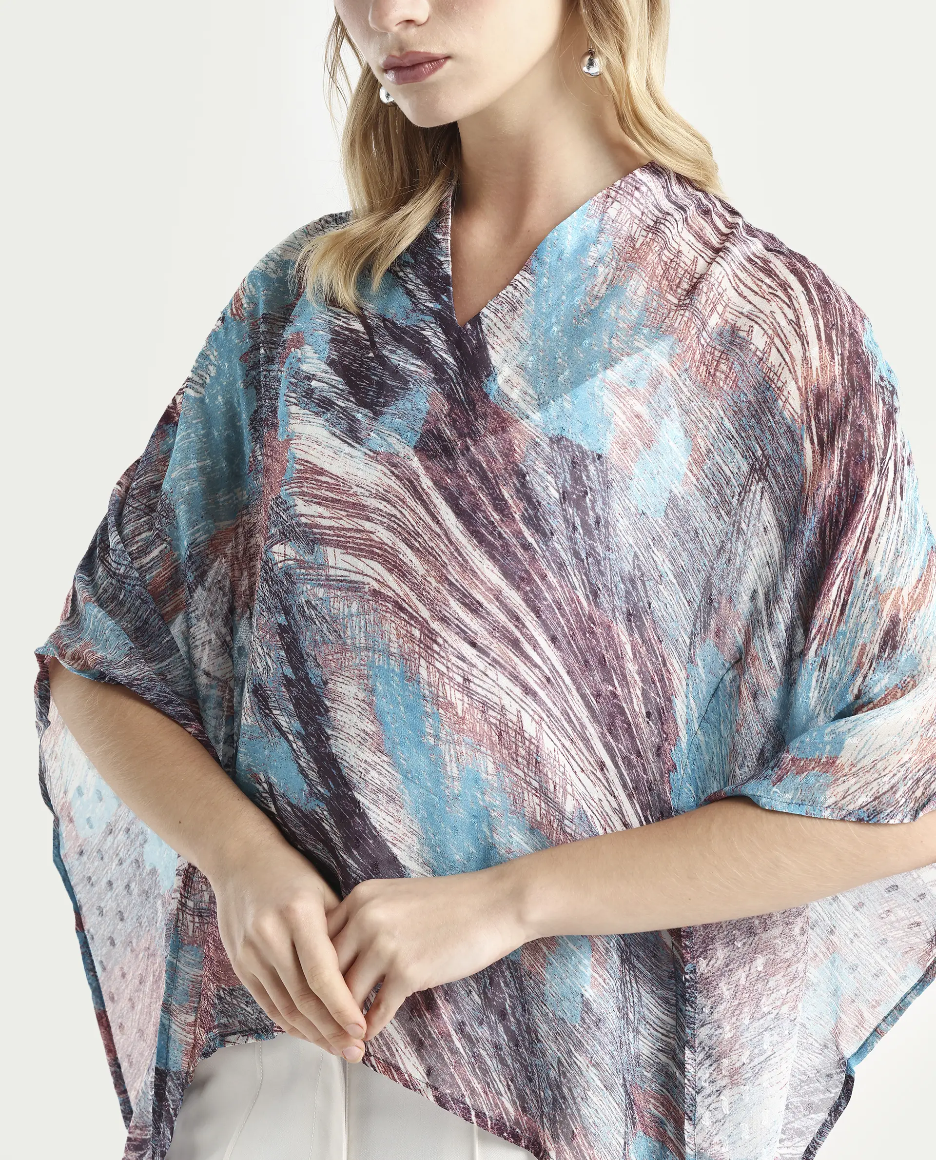 Rareism Women's Sayne Blue Polyester V-Neck Abstract Print Kimono Sleeve Regular Fit Top