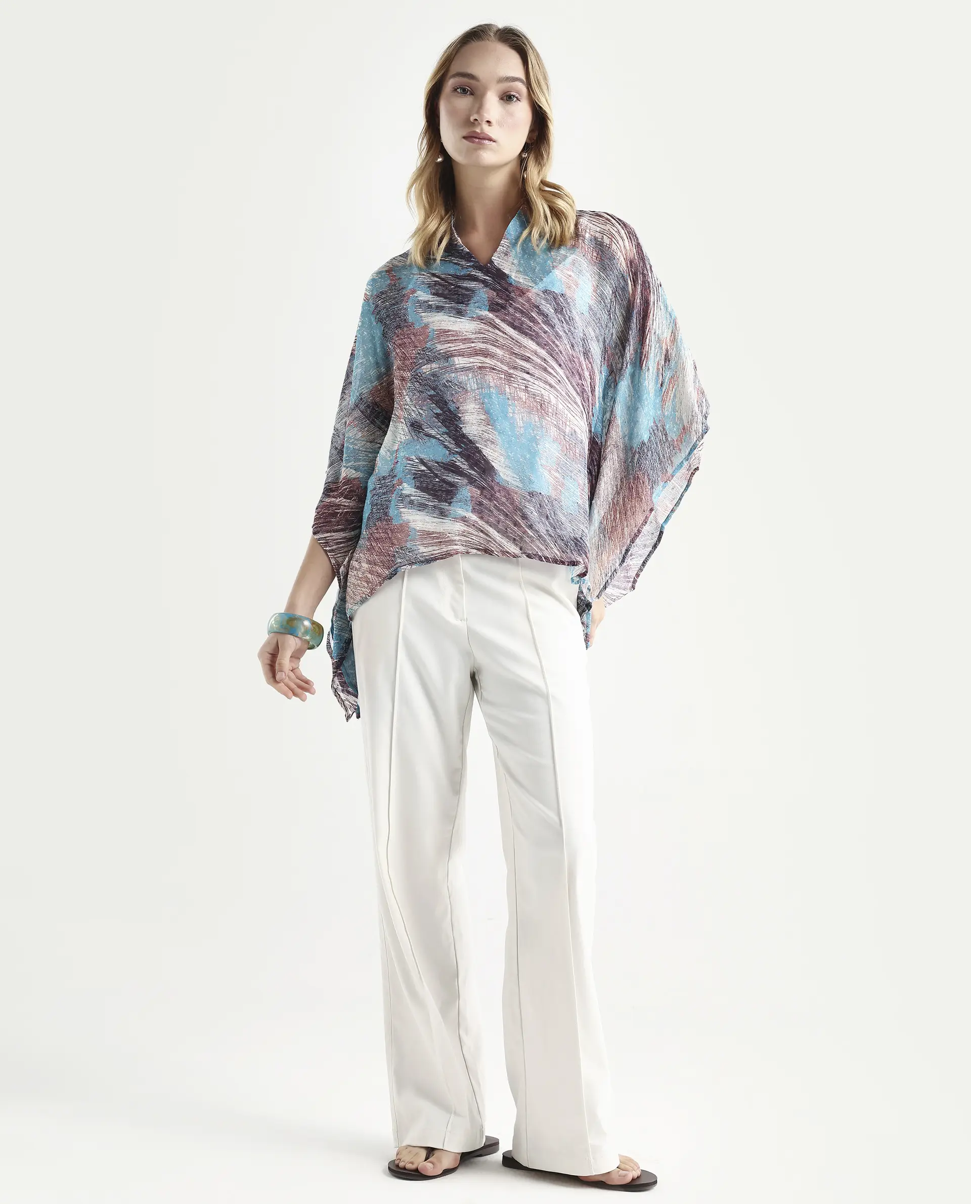 Rareism Women's Sayne Blue Polyester V-Neck Abstract Print Kimono Sleeve Regular Fit Top - Image 2