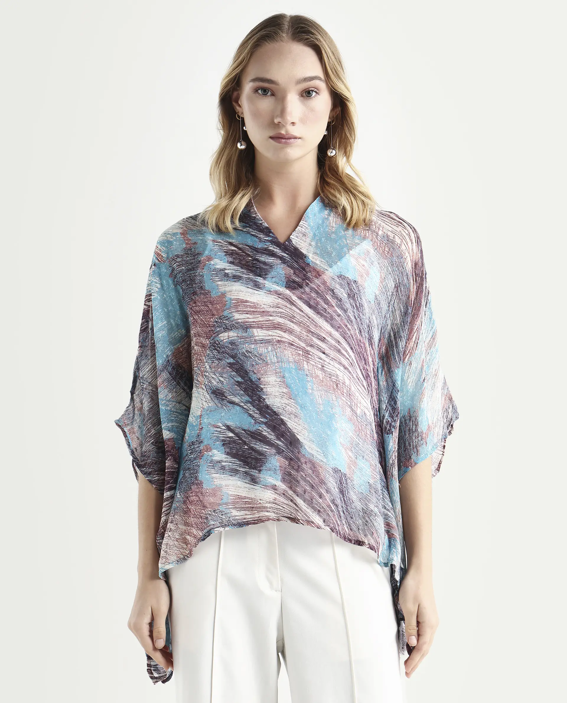 Rareism Women's Sayne Blue Polyester V-Neck Abstract Print Kimono Sleeve Regular Fit Top - Image 3