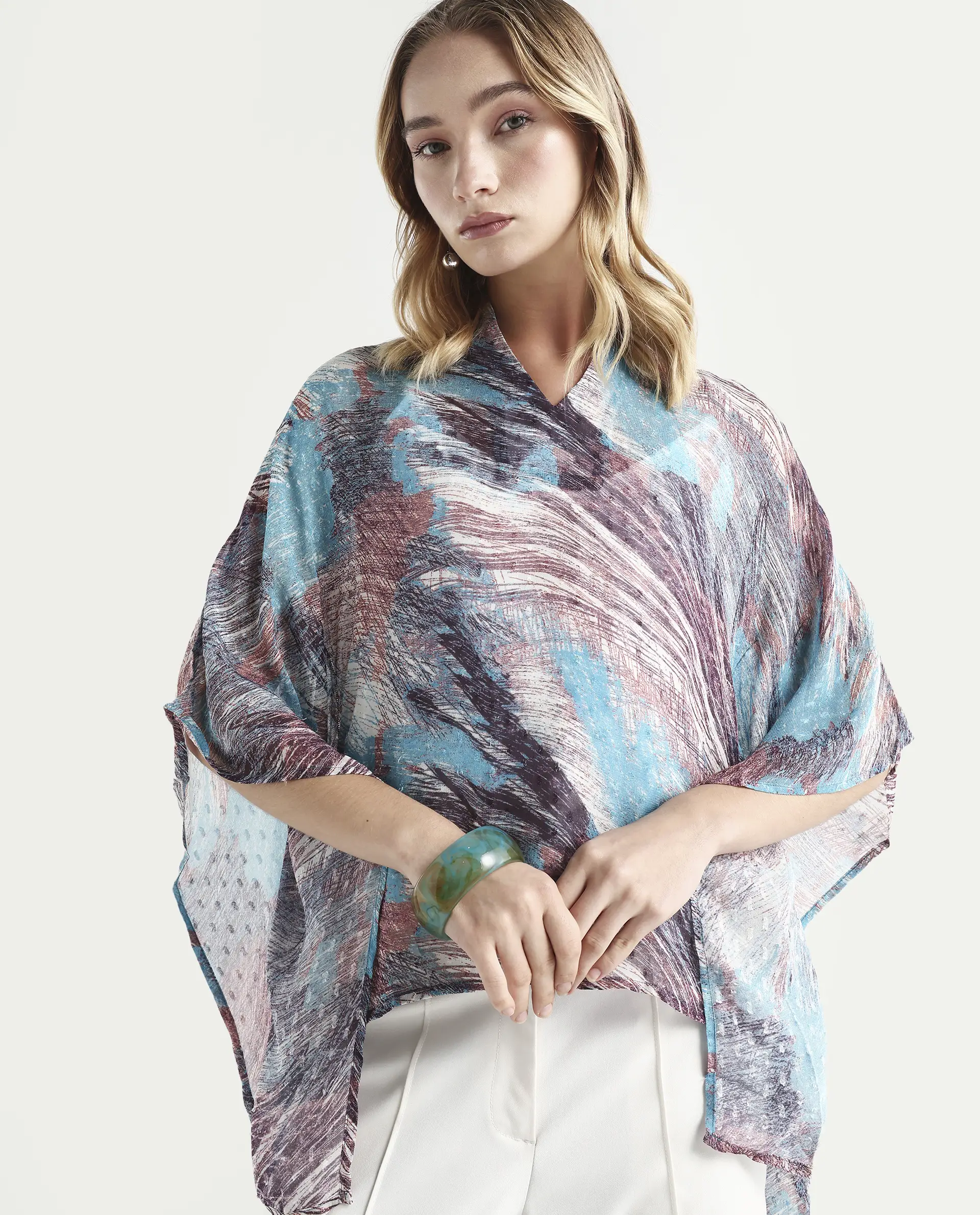 Rareism Women's Sayne Blue Polyester V-Neck Abstract Print Kimono Sleeve Regular Fit Top - Image 4