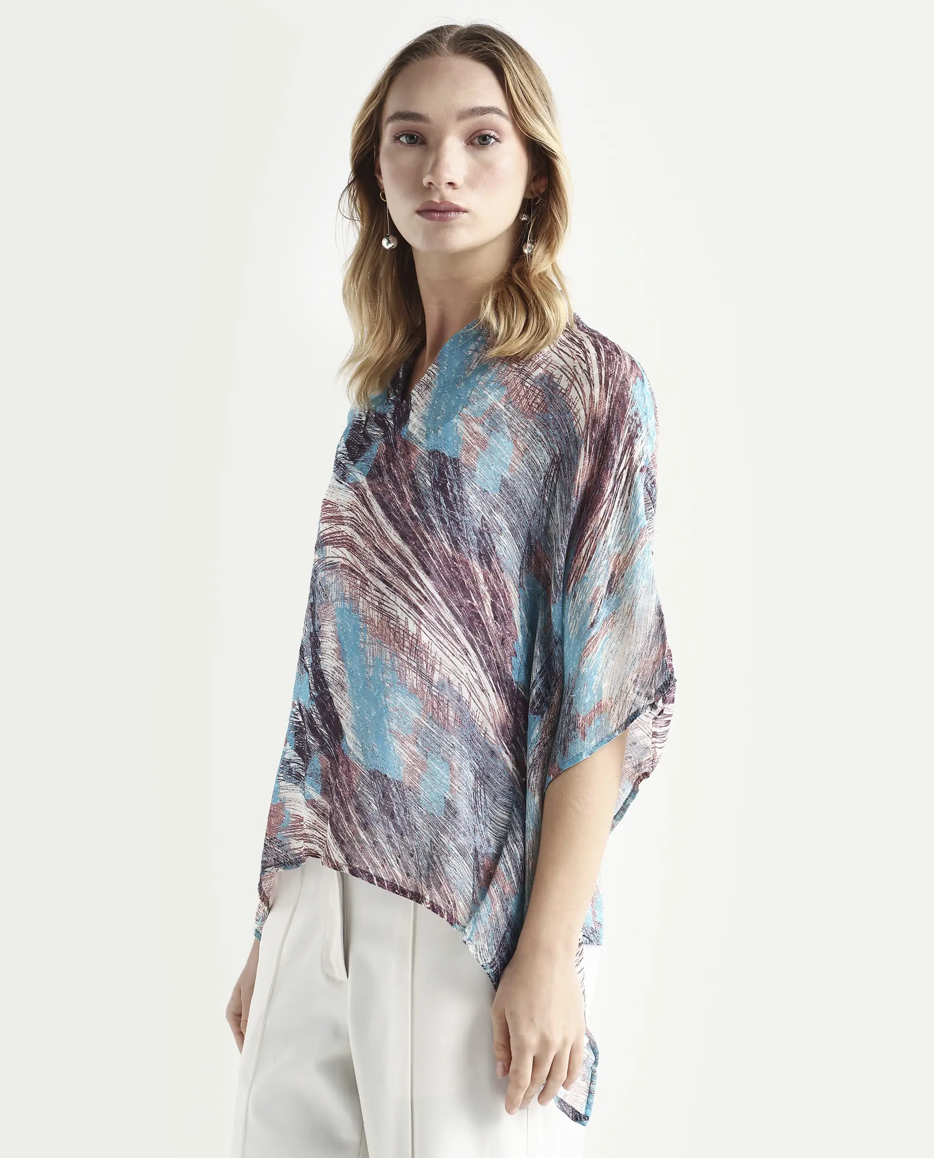 Rareism Women's Sayne Blue Polyester V-Neck Abstract Print Kimono Sleeve Regular Fit Top - Image 5