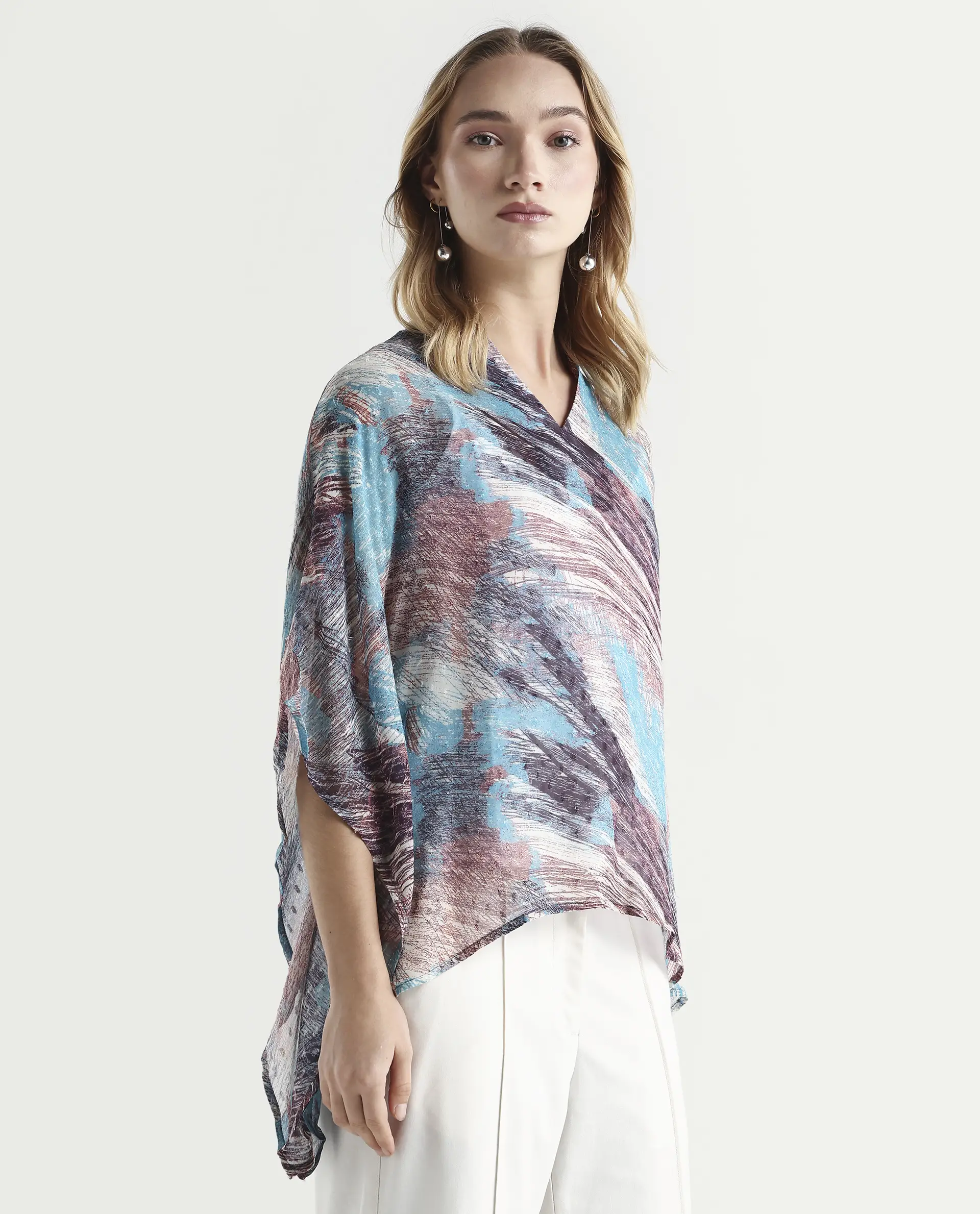 Rareism Women's Sayne Blue Polyester V-Neck Abstract Print Kimono Sleeve Regular Fit Top - Image 6