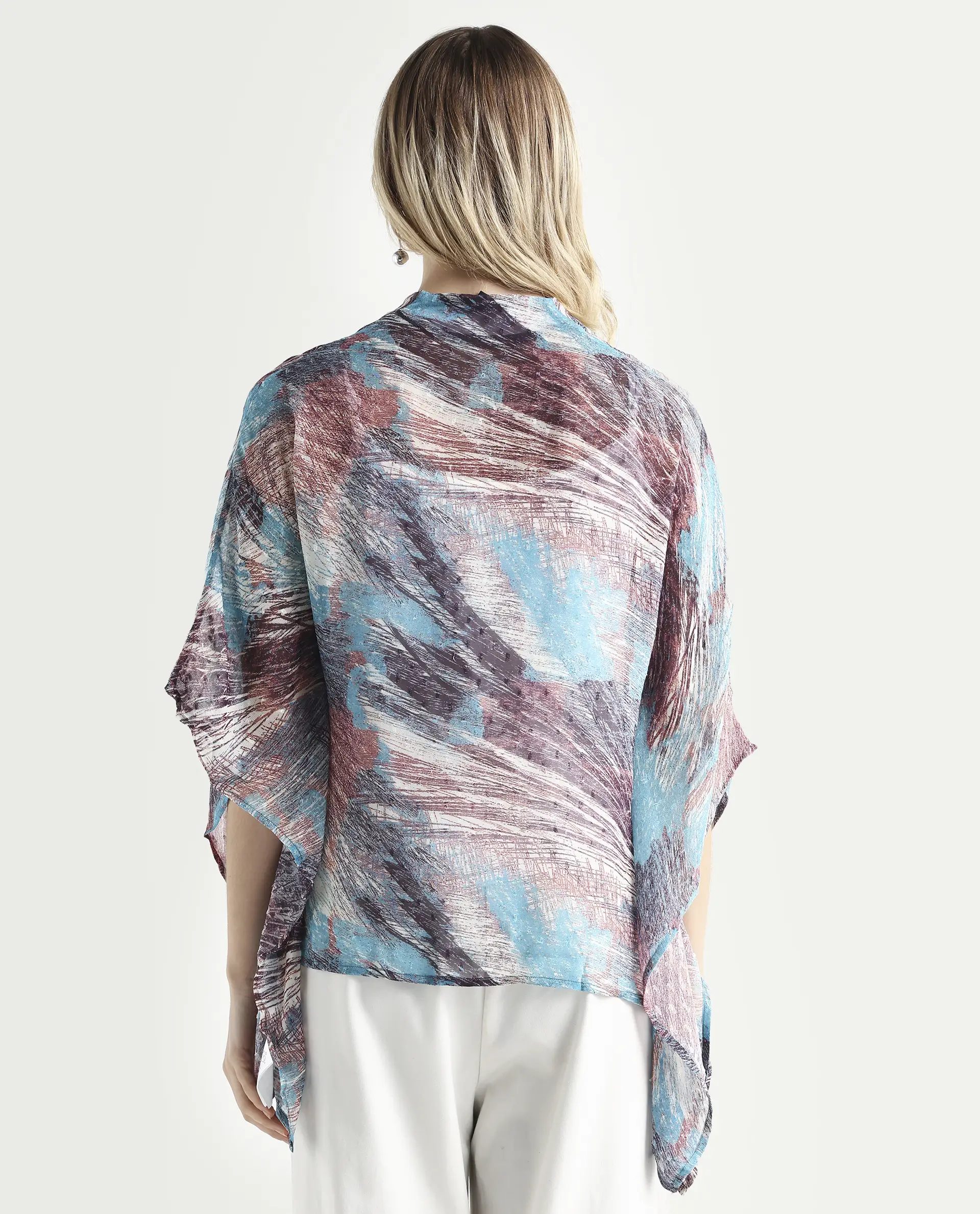 Rareism Women's Sayne Blue Polyester V-Neck Abstract Print Kimono Sleeve Regular Fit Top - Image 7