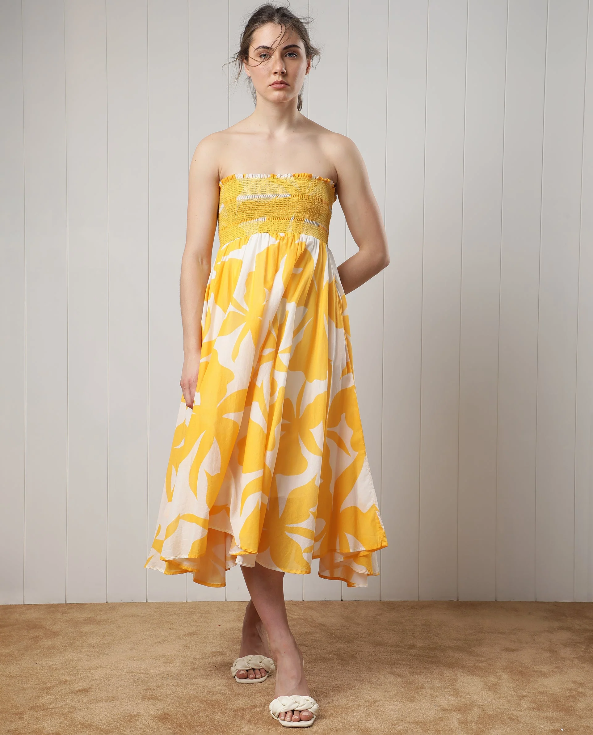 Rareism Women's Scarlette White Cotton Tube Neck Abstract Print Sleeveless Maxi Relaxed Fit Dress - Image 5