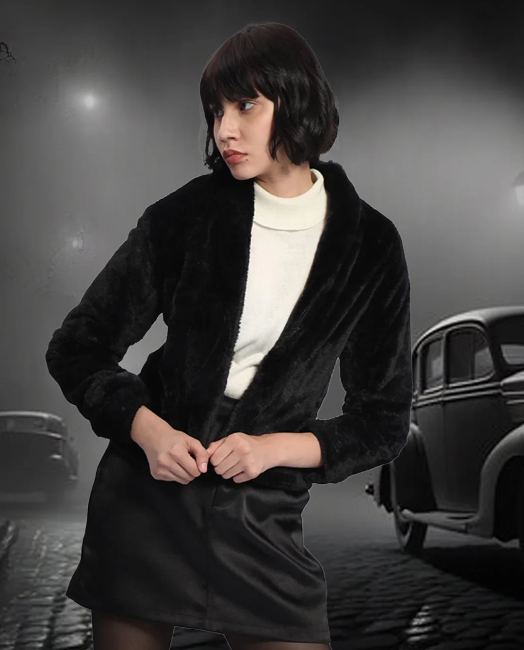 Rareism Women's Schella Black Polyester High Neck Plain Regular Fit Jacket