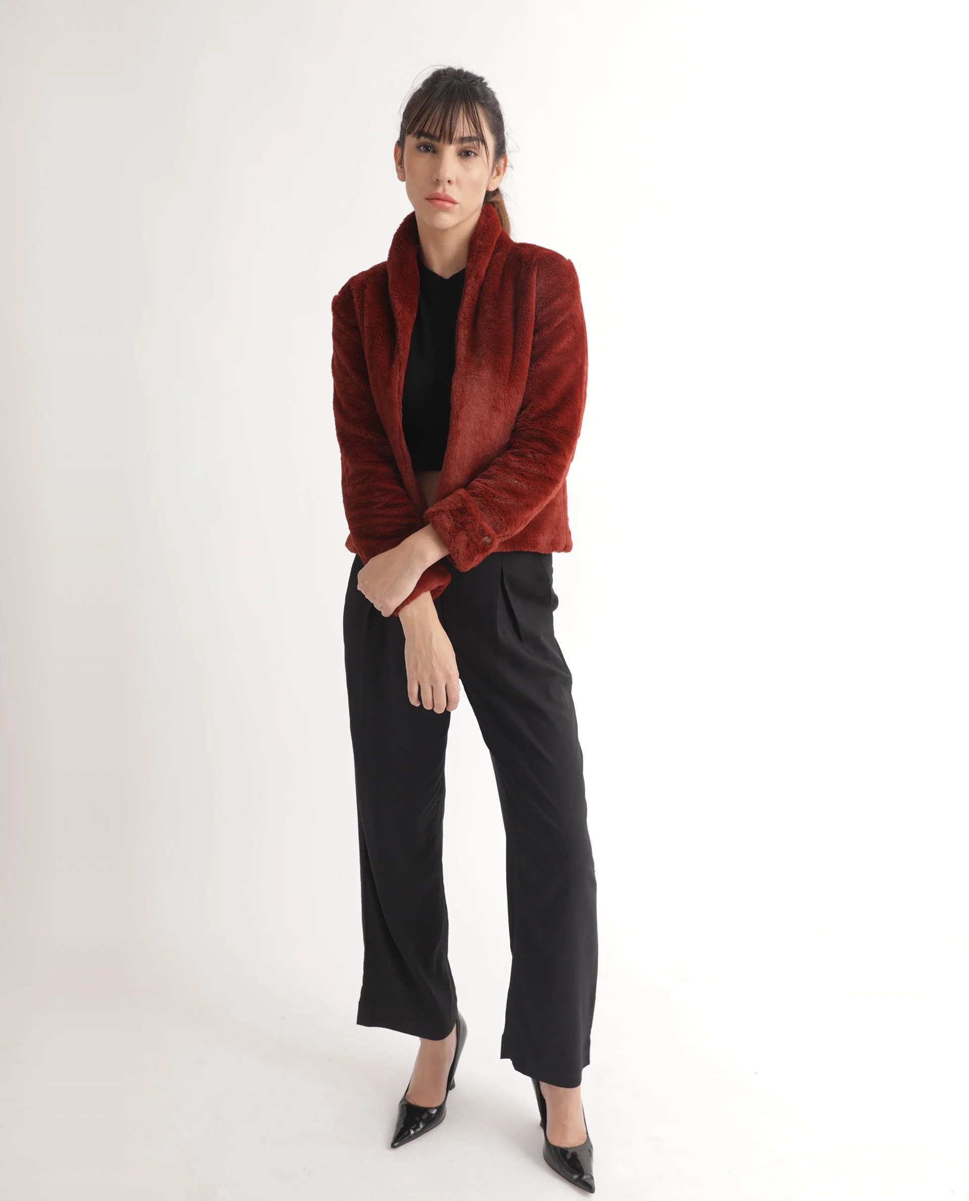 Rareism Women's Schella Rust Polyester High Neck Plain Regular Fit Jacket - Image 9