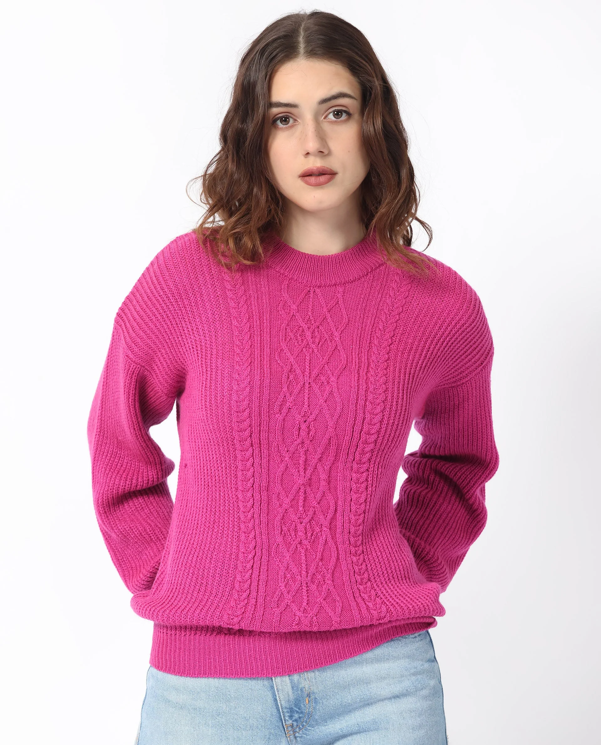 Rareism Women's Schitt Flouroscent Pink Acrylic High Neck Plain Relaxed Fit Sweater