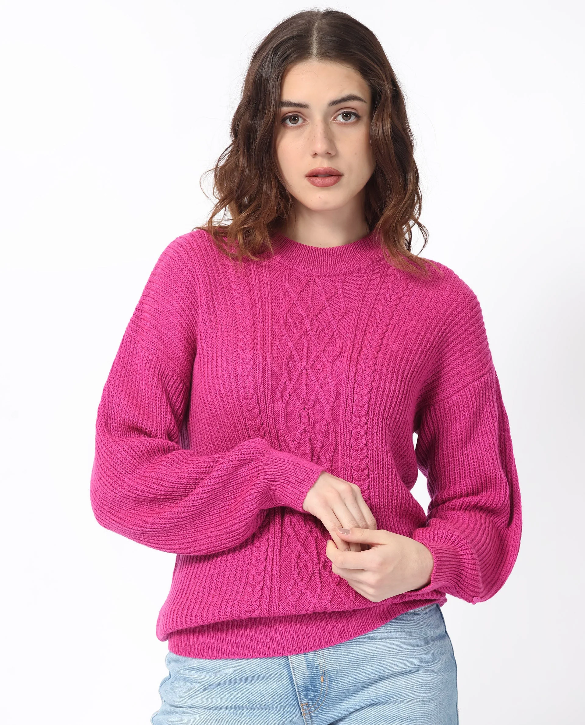 Rareism Women's Schitt Flouroscent Pink Acrylic High Neck Plain Relaxed Fit Sweater - Image 2