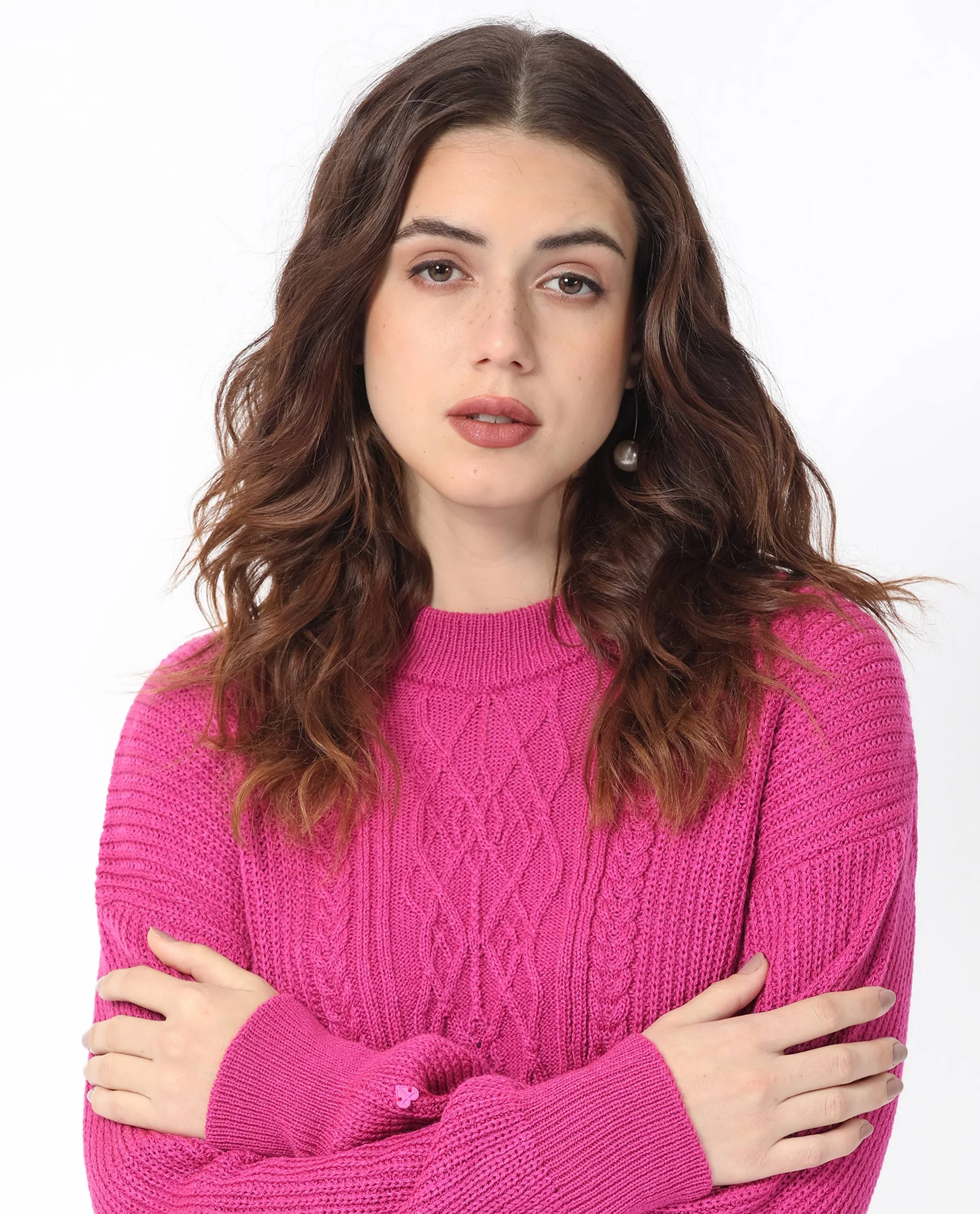 Rareism Women's Schitt Flouroscent Pink Acrylic High Neck Plain Relaxed Fit Sweater - Image 3