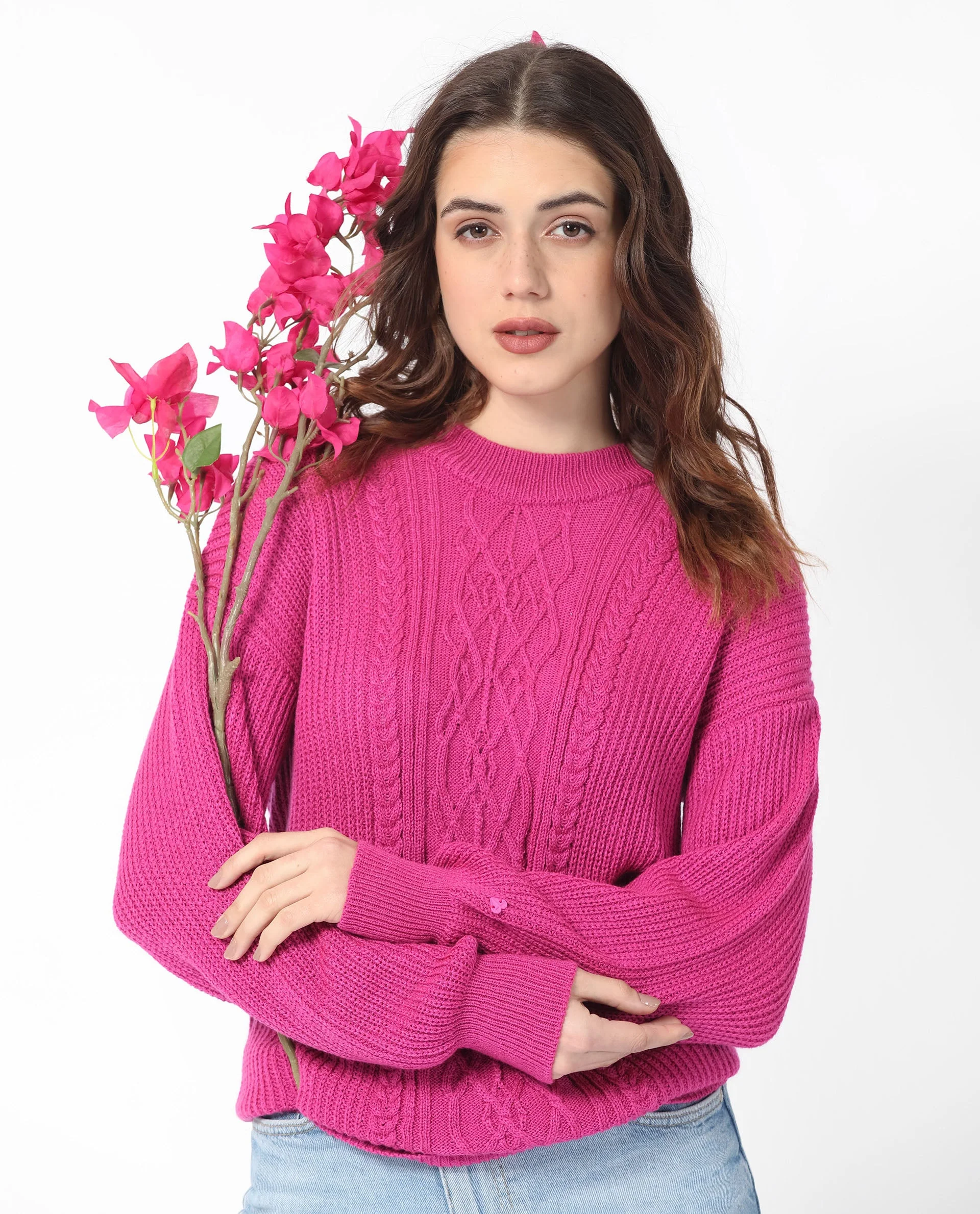 Rareism Women's Schitt Flouroscent Pink Acrylic High Neck Plain Relaxed Fit Sweater - Image 5