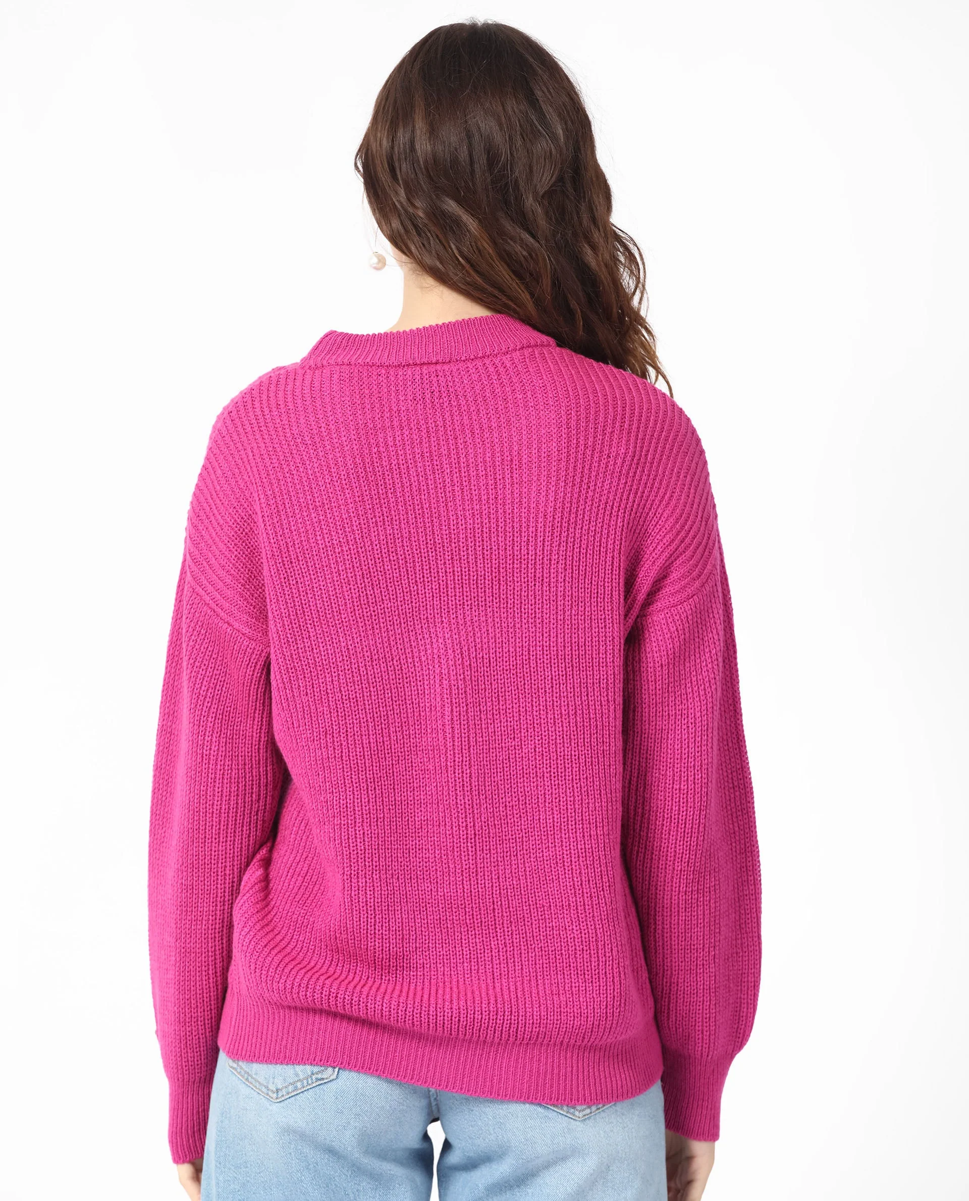 Rareism Women's Schitt Flouroscent Pink Acrylic High Neck Plain Relaxed Fit Sweater - Image 6