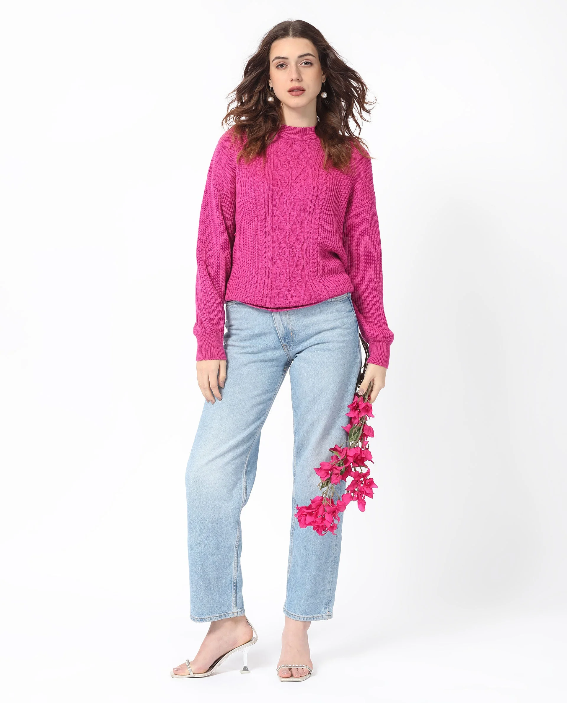 Rareism Women's Schitt Flouroscent Pink Acrylic High Neck Plain Relaxed Fit Sweater - Image 7
