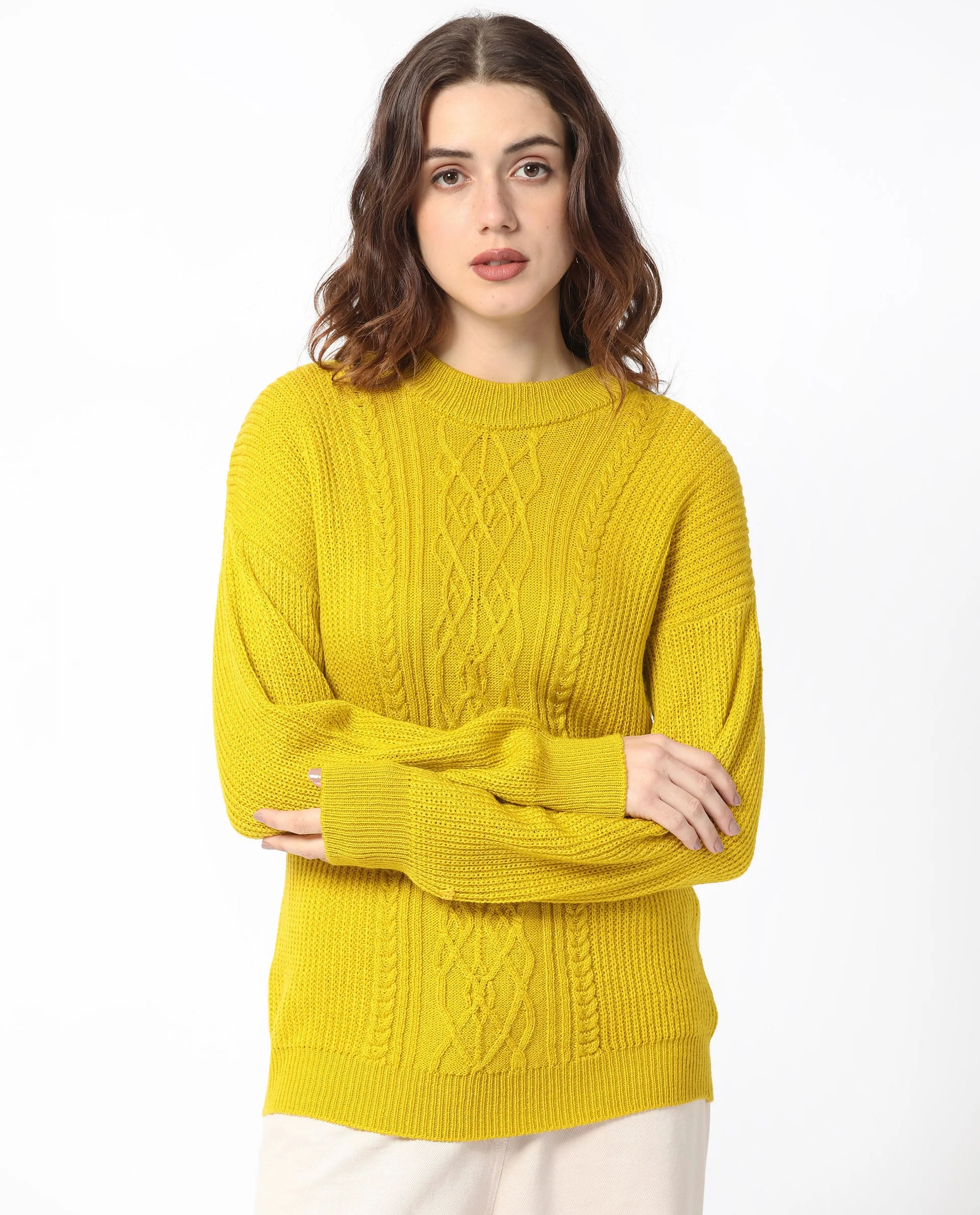 Rareism Women's Schitt Mustard Acrylic High Neck Plain Relaxed Fit Sweater - Image 3