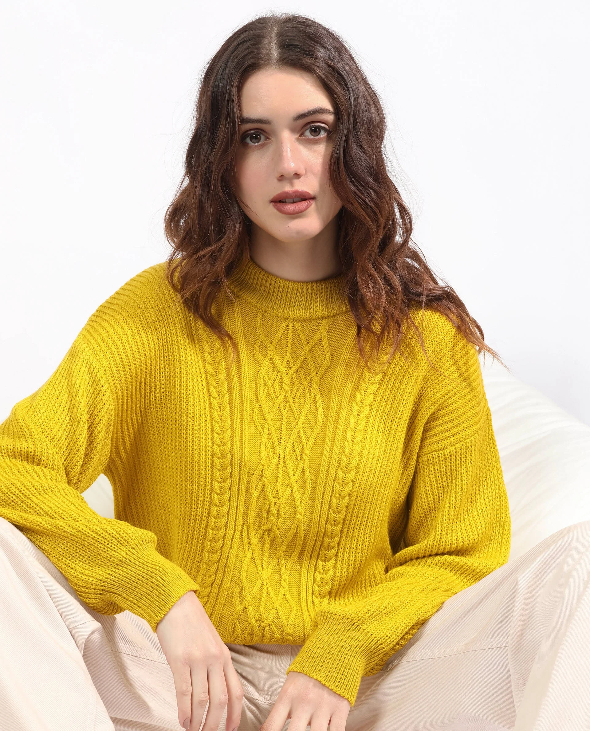 Rareism Women's Schitt Mustard Acrylic High Neck Plain Relaxed Fit Sweater - Image 7