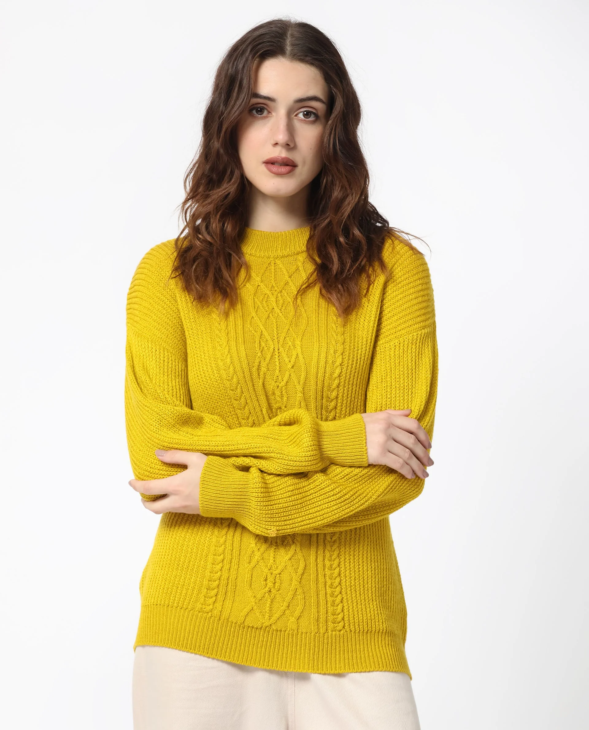 Rareism Women's Schitt Mustard Acrylic High Neck Plain Relaxed Fit Sweater - Image 8