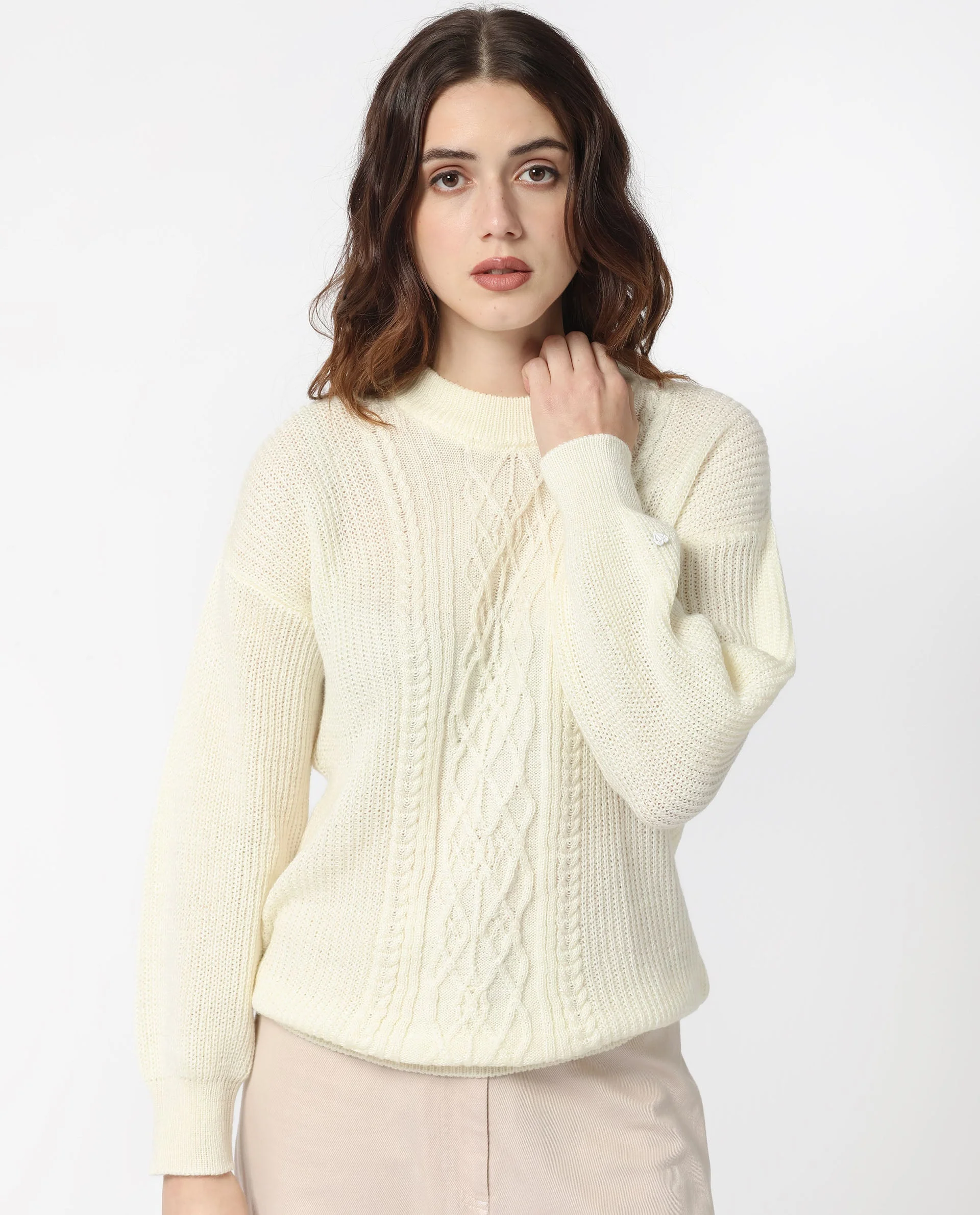 Rareism Women's Schitt Off White Acrylic High Neck Plain Relaxed Fit Sweater - Image 2