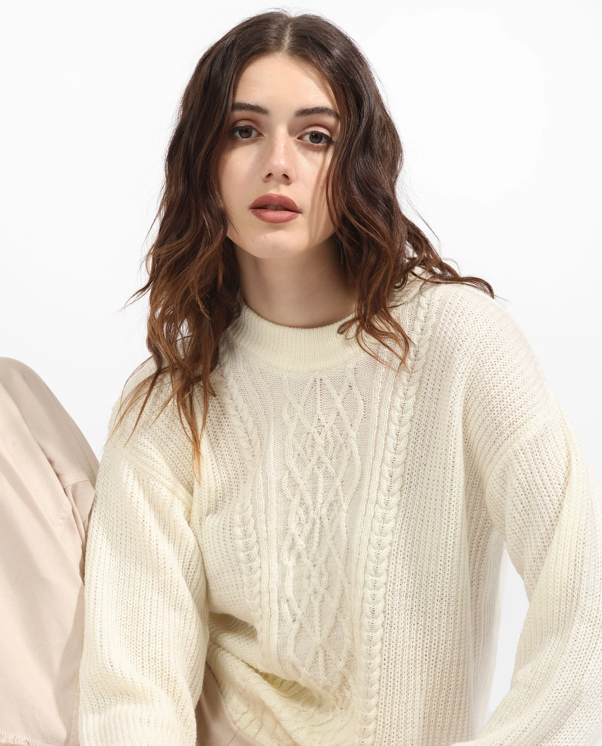 Rareism Women's Schitt Off White Acrylic High Neck Plain Relaxed Fit Sweater - Image 3