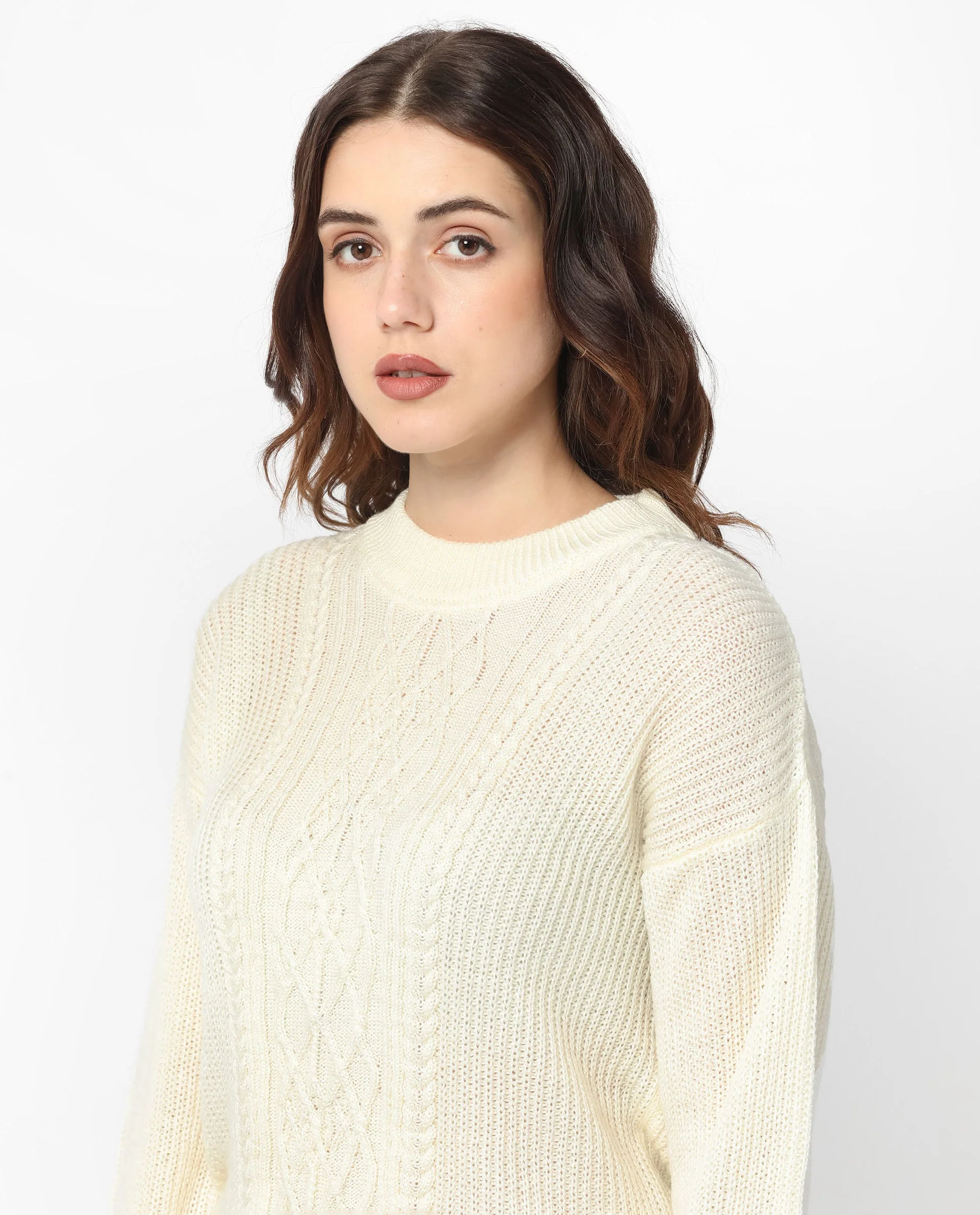 Rareism Women's Schitt Off White Acrylic High Neck Plain Relaxed Fit Sweater - Image 4