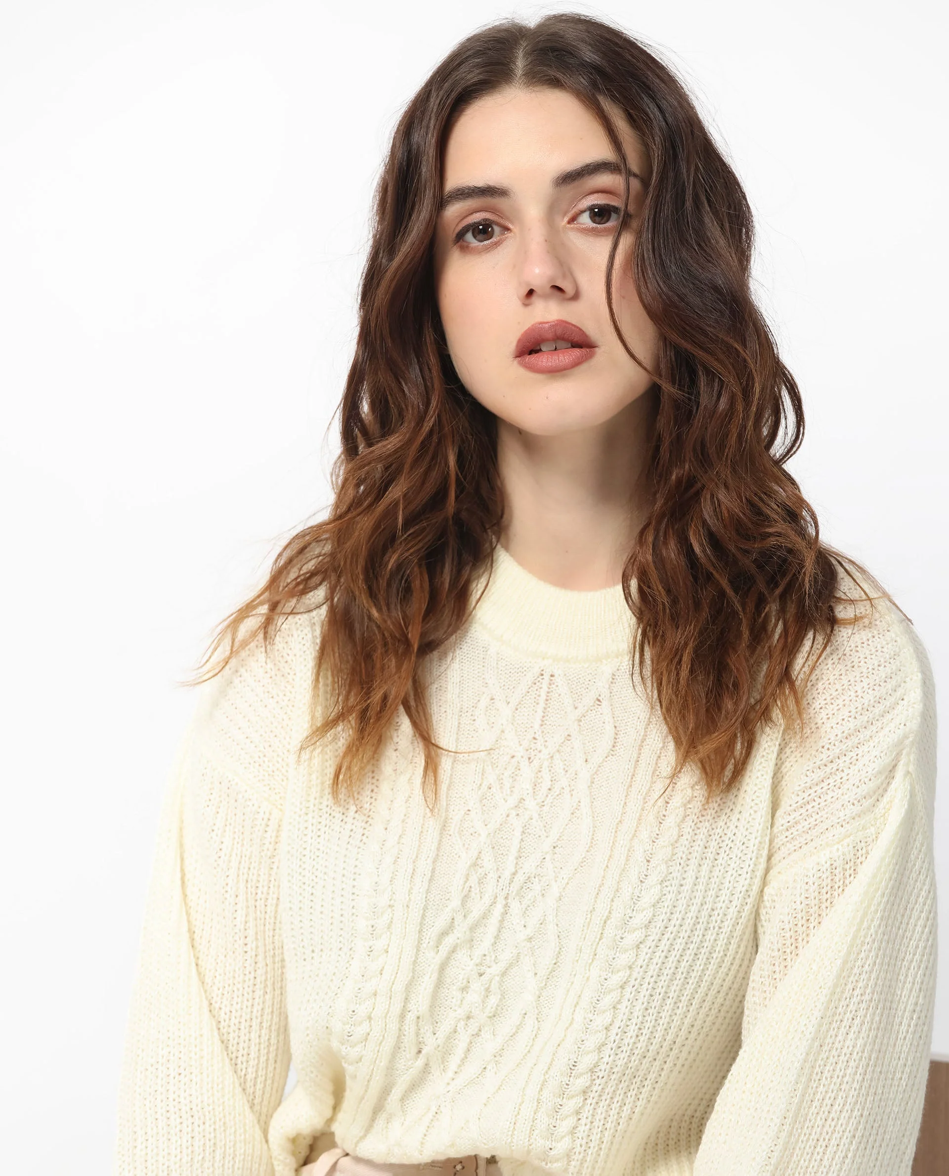 Rareism Women's Schitt Off White Acrylic High Neck Plain Relaxed Fit Sweater - Image 5