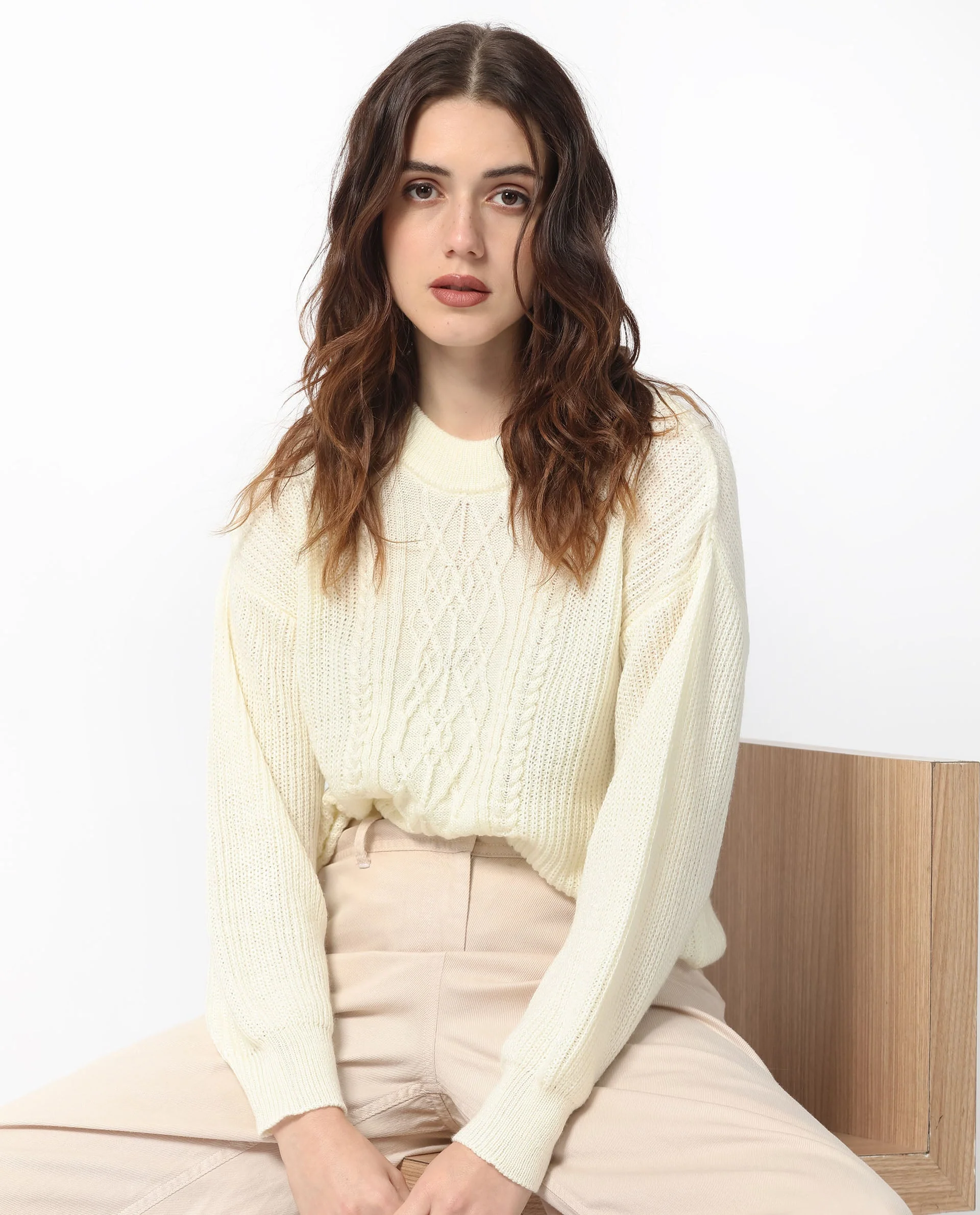 Rareism Women's Schitt Off White Acrylic High Neck Plain Relaxed Fit Sweater - Image 6
