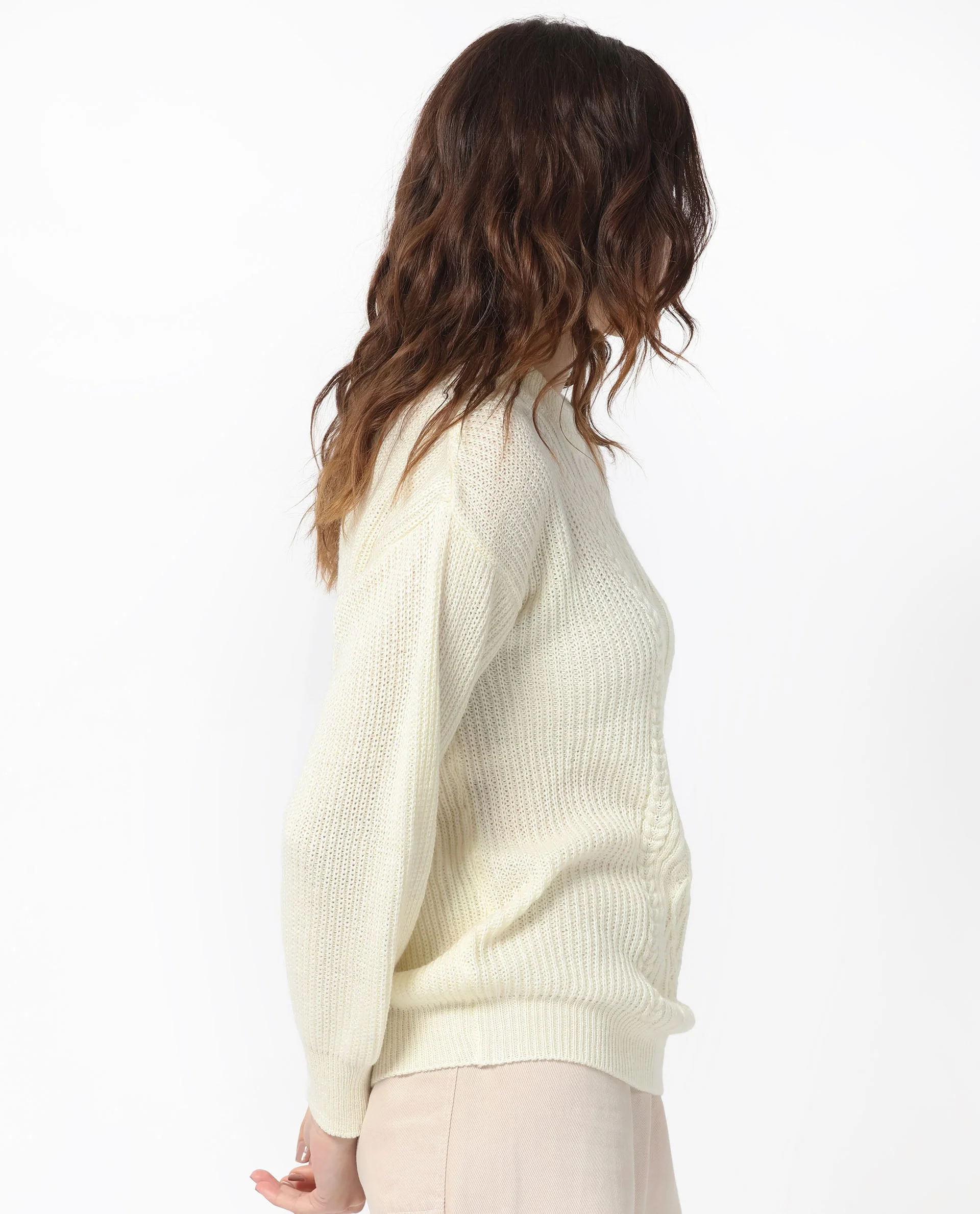 Rareism Women's Schitt Off White Acrylic High Neck Plain Relaxed Fit Sweater - Image 7
