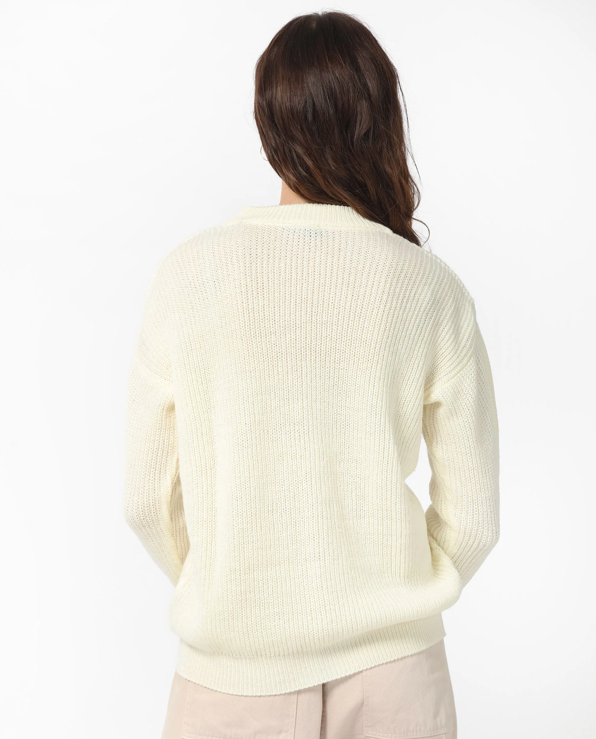 Rareism Women's Schitt Off White Acrylic High Neck Plain Relaxed Fit Sweater - Image 8